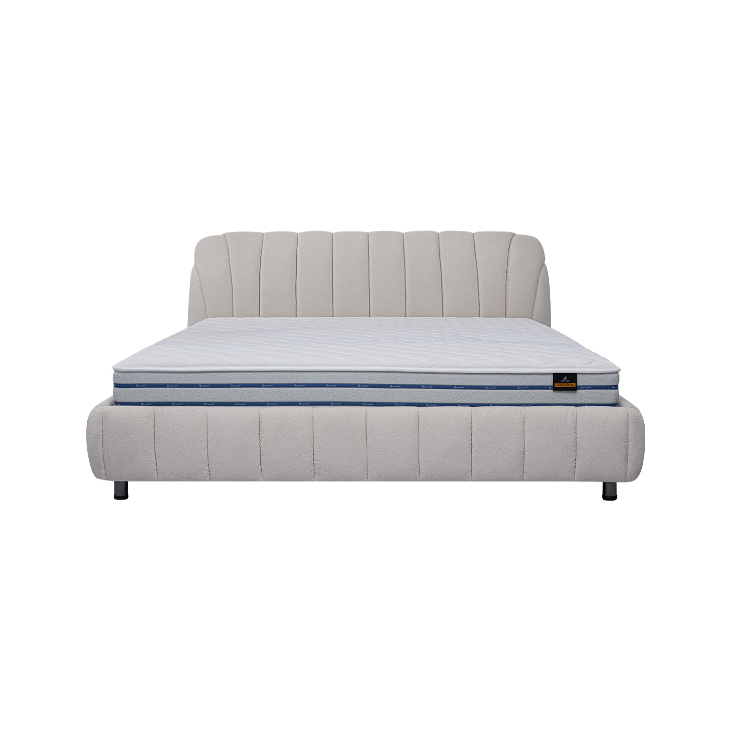 DeRUCCI Bed Frame BOC1 - 015 with white padded headboard and white fabric upholstery, showcasing modern design and sturdy construction for a quiet, stable sleeping platform.