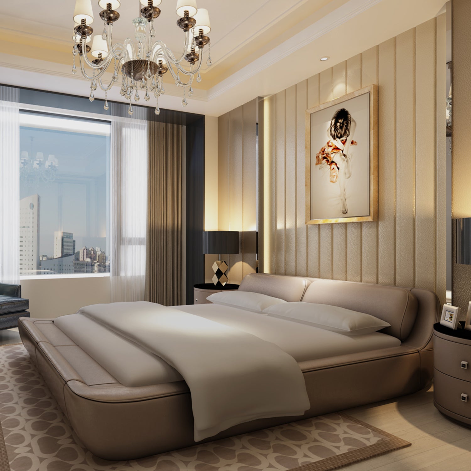 Luxurious bedroom with DeRUCCI Bed Frame BZZ4 - 024, inspired by ancient Chinese treasures, featuring a rounded and stable design. The room includes a large window with city views, an elegant chandelier, framed art, and patterned carpets.