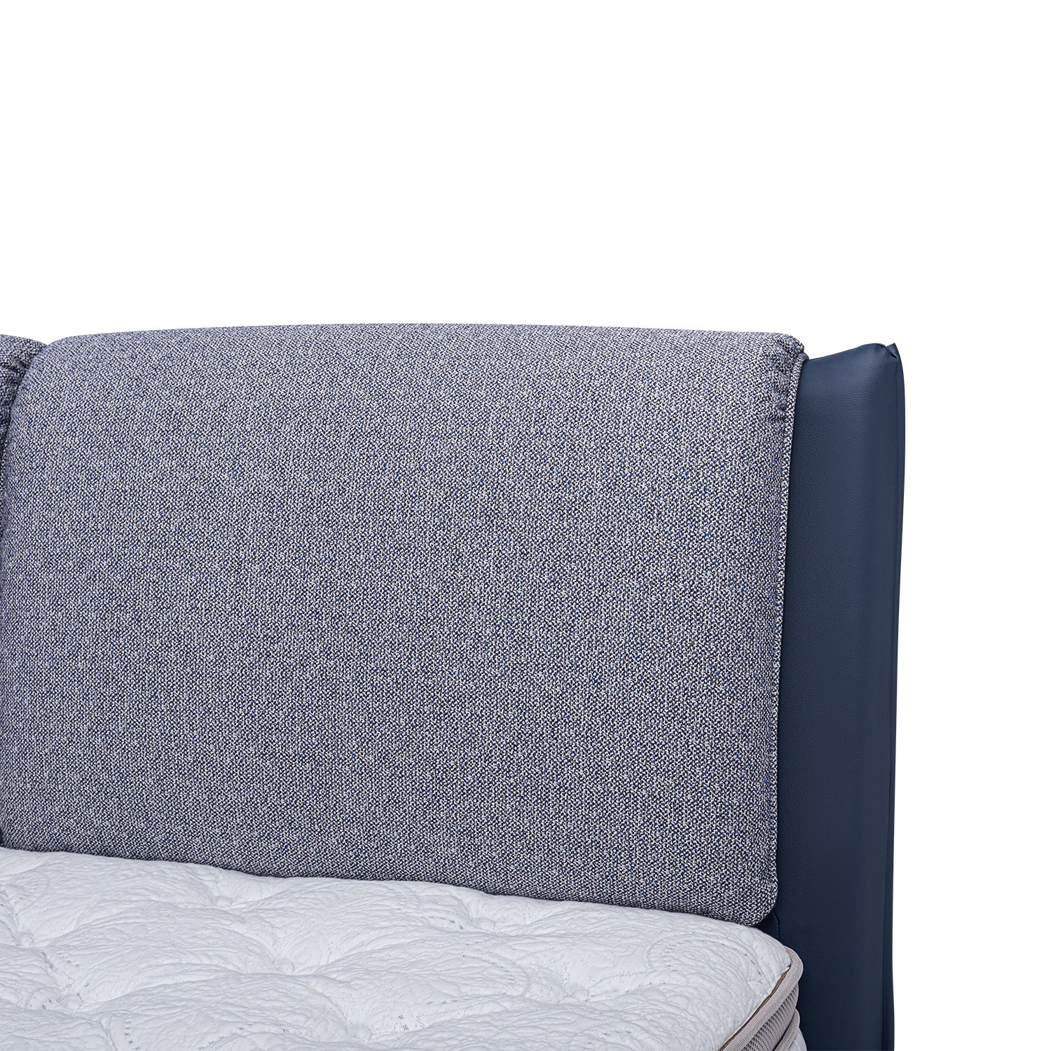 Close-up of DeRUCCI's Bed Frame BOC1 - 017 featuring a grey fabric headboard and navy blue side panel with a white quilted mattress