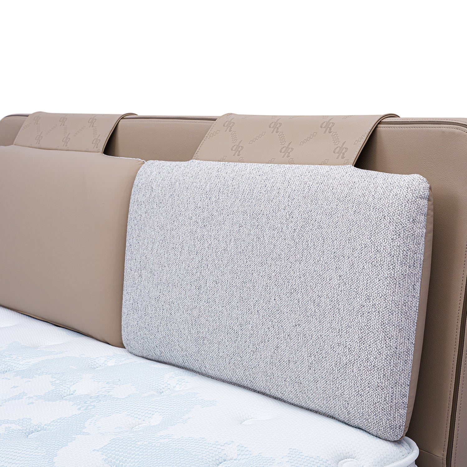 Close-up view of DeRUCCI bed frame BOC1 - 006, showing light beige leather and grey fabric upholstery on headboard, designed for elegance and comfort.