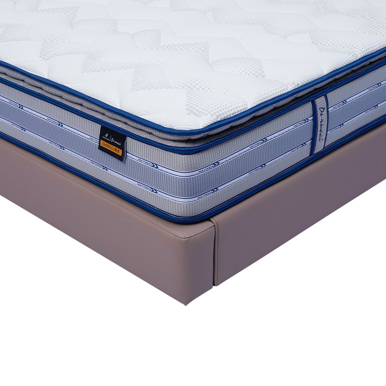Close-up of DeRUCCI bed frame BOC1 - 018 with white quilted fabric mattress and blue striped side panel