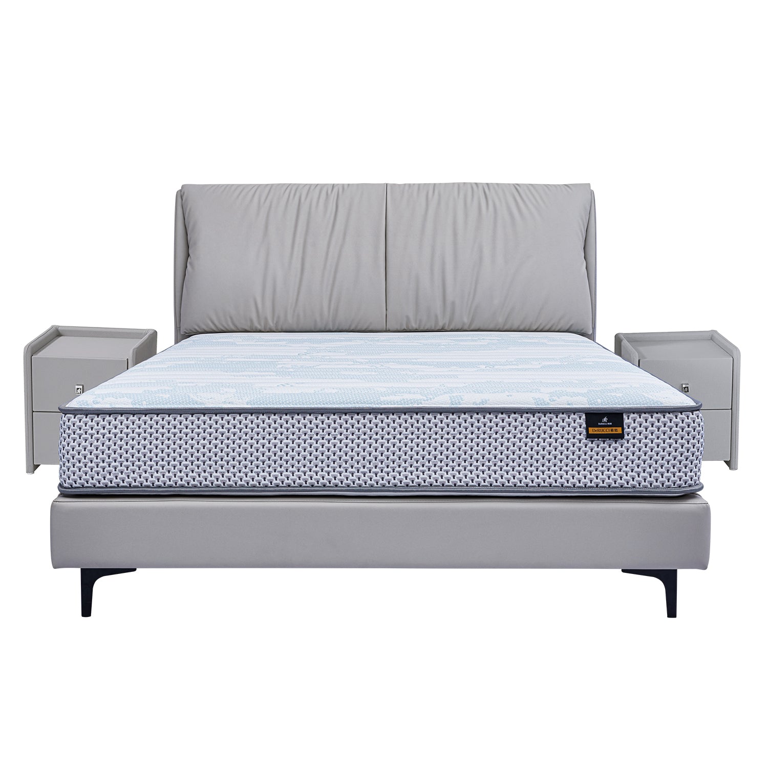 DeRUCCI grey bed frame BOC1-012 with upholstered headboard and patterned mattress, accompanied by matching grey bedside tables with drawers
