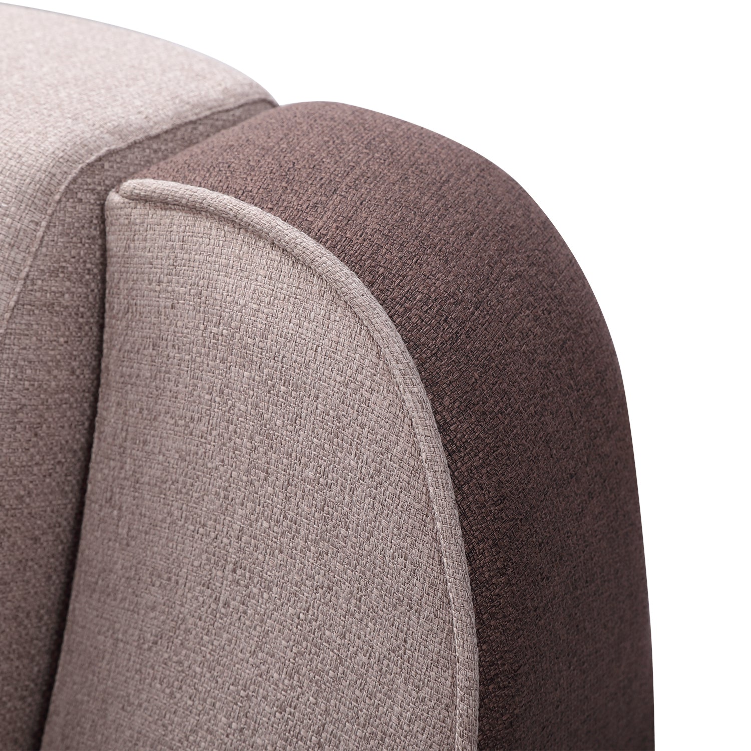 Close-up of DeRUCCI Bed Frame BZZ4 - 198 corner with high-quality fabric upholstery in contrasting gray and brown, highlighting fine craftsmanship and attention to detail.