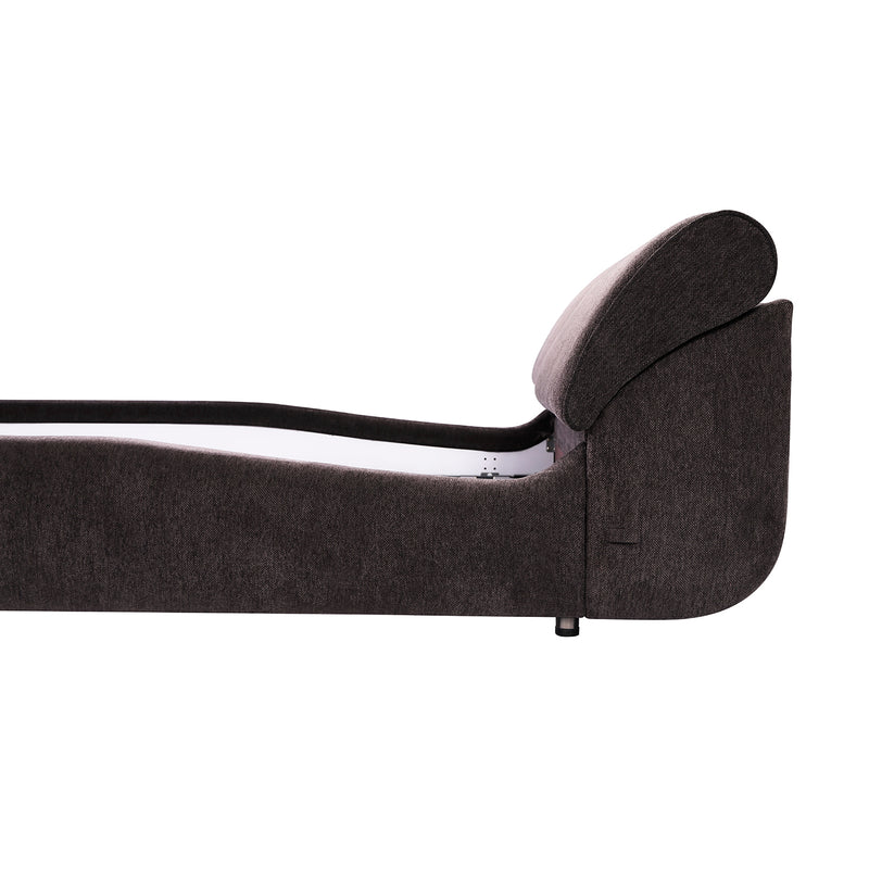 Side view of DeRUCCI Bed Frame BZZ4 - 117 with thick soft cushion, dark fabric upholstery, and curved headboard offering back and shoulder support.