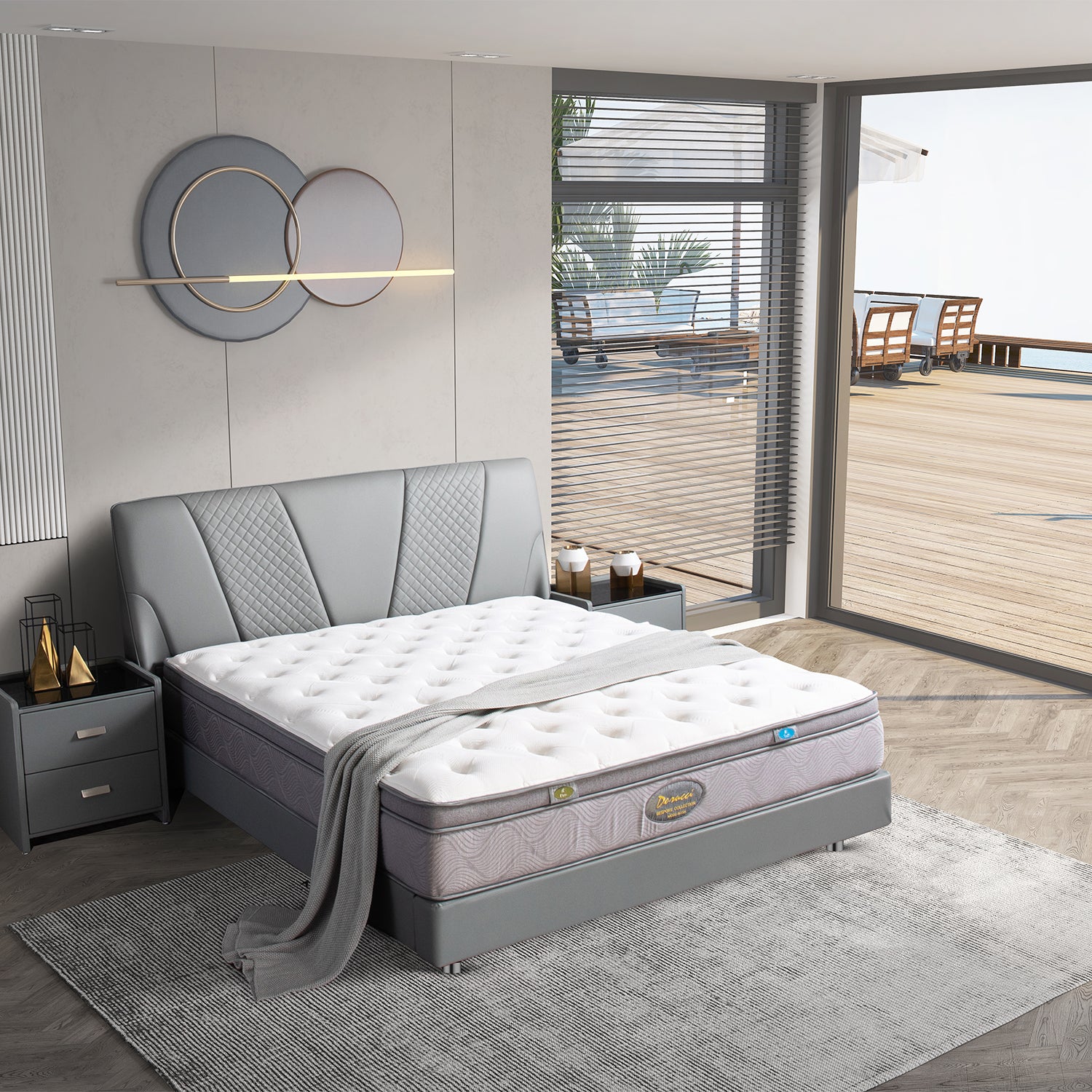 DeRUCCI Bed Frame BOC1 - 005 with grey upholstered headboard and white quilted mattress in a modern bedroom with ocean view.