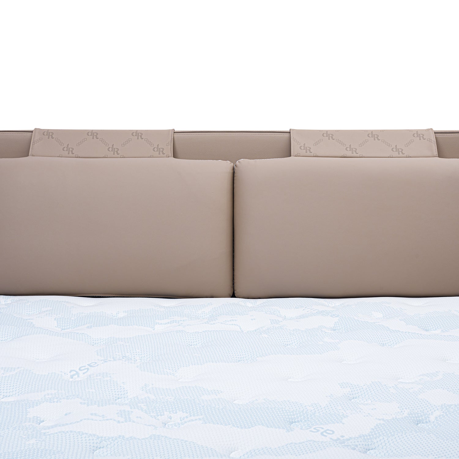 DeRUCCI Bed Frame BOC1 - 006 featuring a beige cushioned headboard with printed pillows and a white and blue patterned mattress.