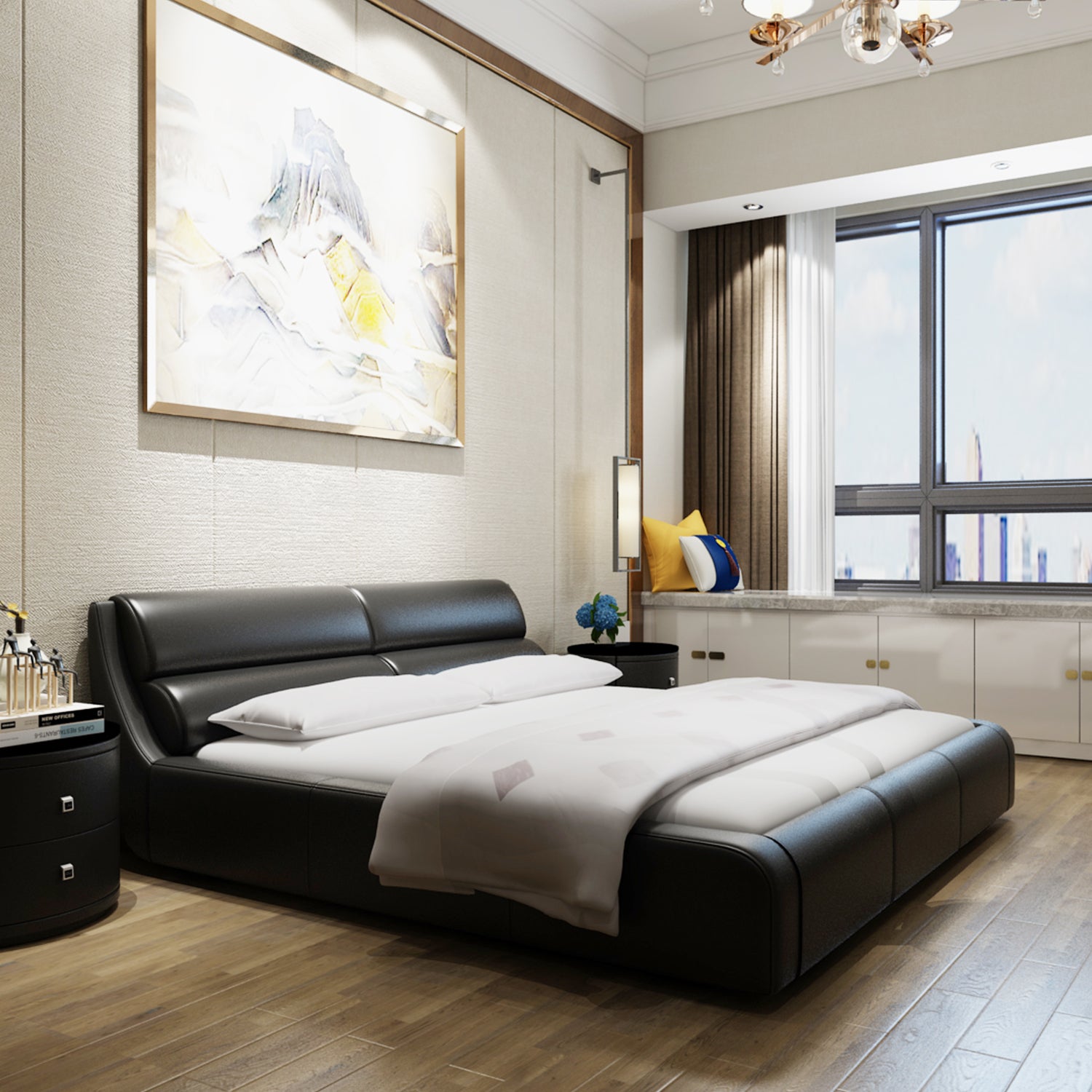 Luxurious bedroom with DeRUCCI Bed Frame BZZ4 - 038 in black leather, featuring plush cushions and white linens, modern wall art, and a city view.