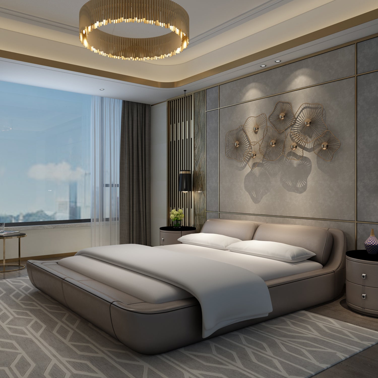 Luxurious bedroom with the DeRUCCI Bed Frame BZZ4 - 024, featuring a modern dark-colored fabric bed frame, contemporary wall art, and a stylish pendant light fixture.