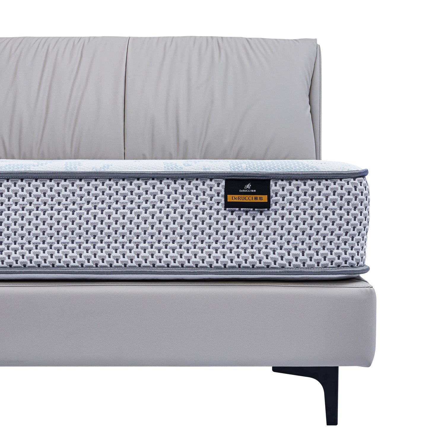 DeRUCCI light grey upholstered bed frame BOC1 - 012 with patterned mattress and sleek sturdy legs, close-up view