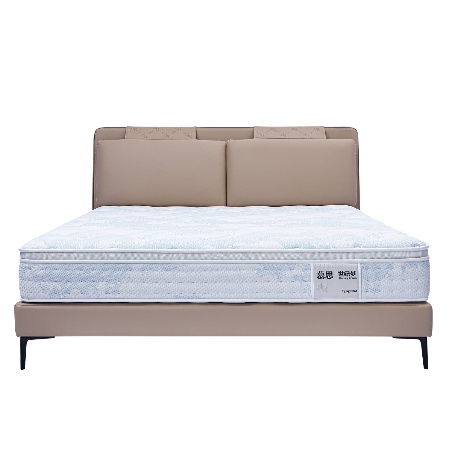DeRUCCI bed frame BOC1-006 with beige leather upholstery and white patterned mattress