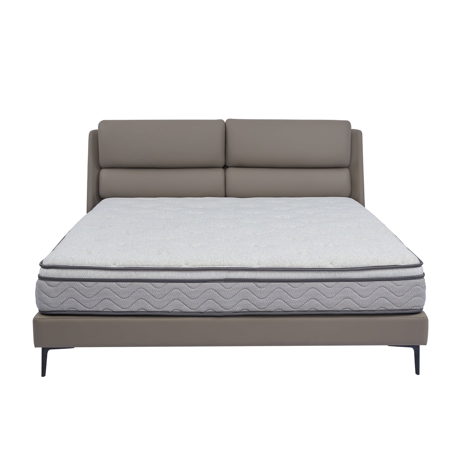 Modern gray bed frame with cushioned headboard and quilted mattress from DeRUCCI