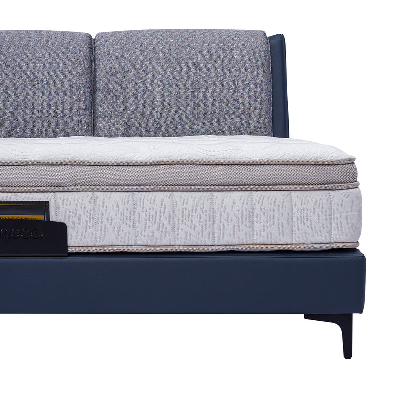 DeRUCCI Bed Frame BOC1-017 featuring navy blue upholstery, grey padded headboard, and white damask patterned mattress.