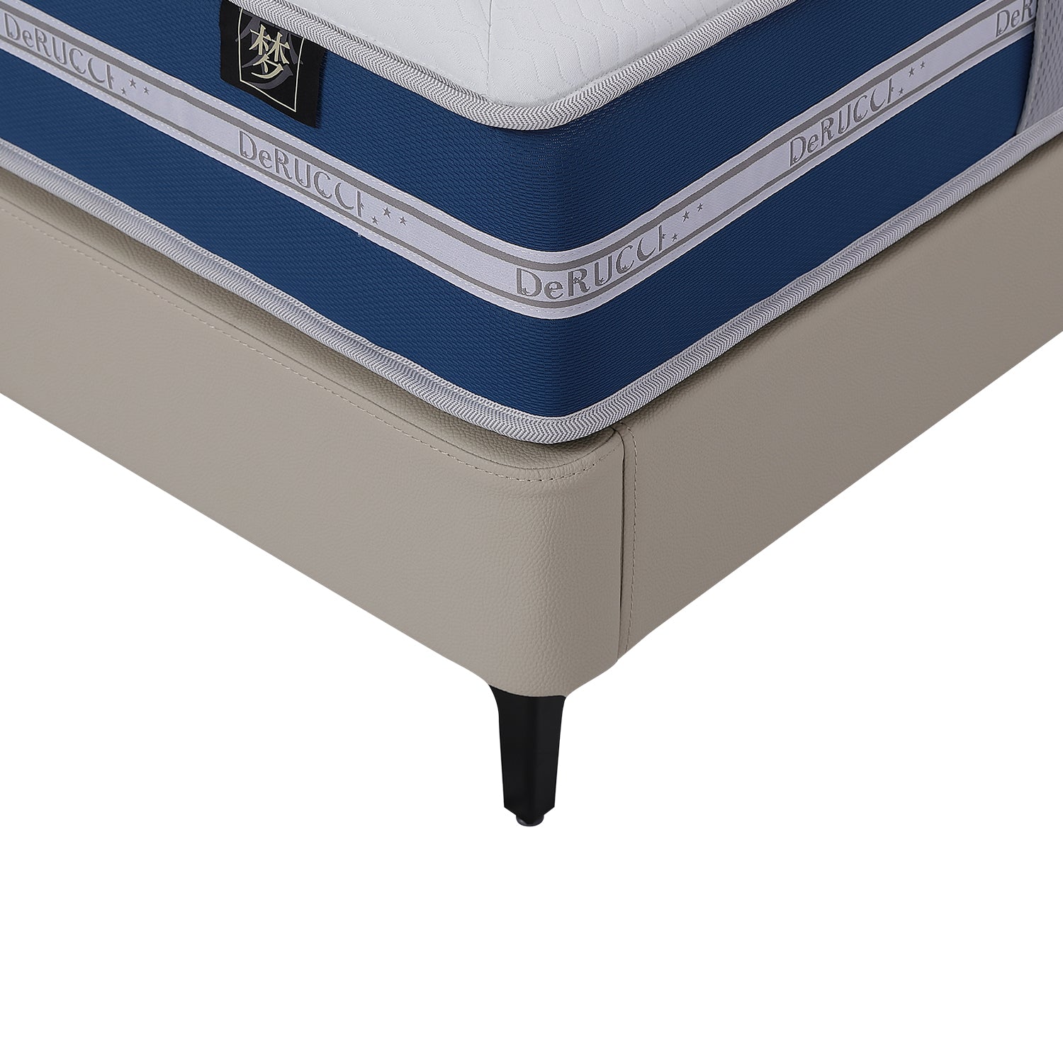 Close-up of Bed Frame BOC1 - 002 with beige leather base and blue 'DeRUCCI' mattress
