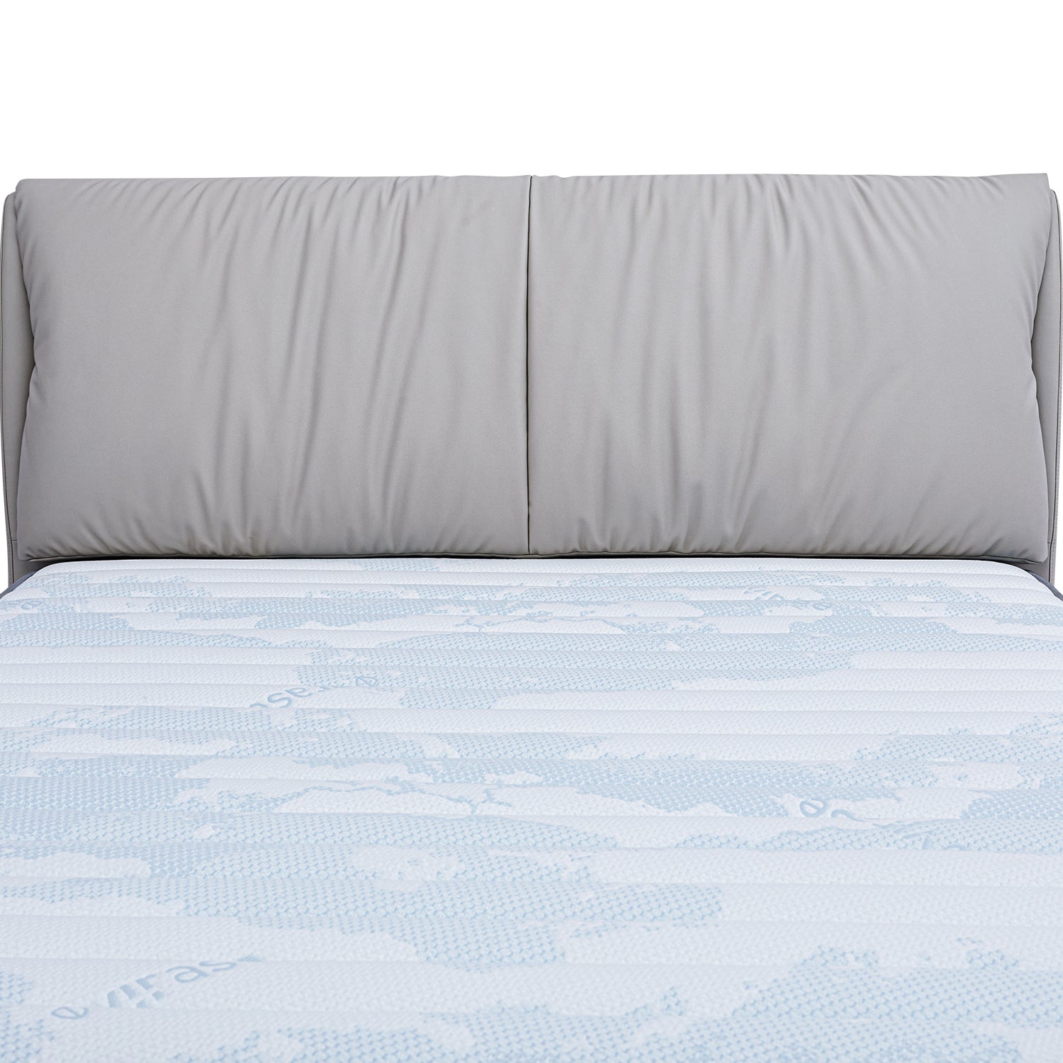 Close-up view of Bed Frame BOC1 - 012 with light grey upholstered headboard and mattress with subtle blue pattern, showcasing comfort and elegant design by DeRUCCI.
