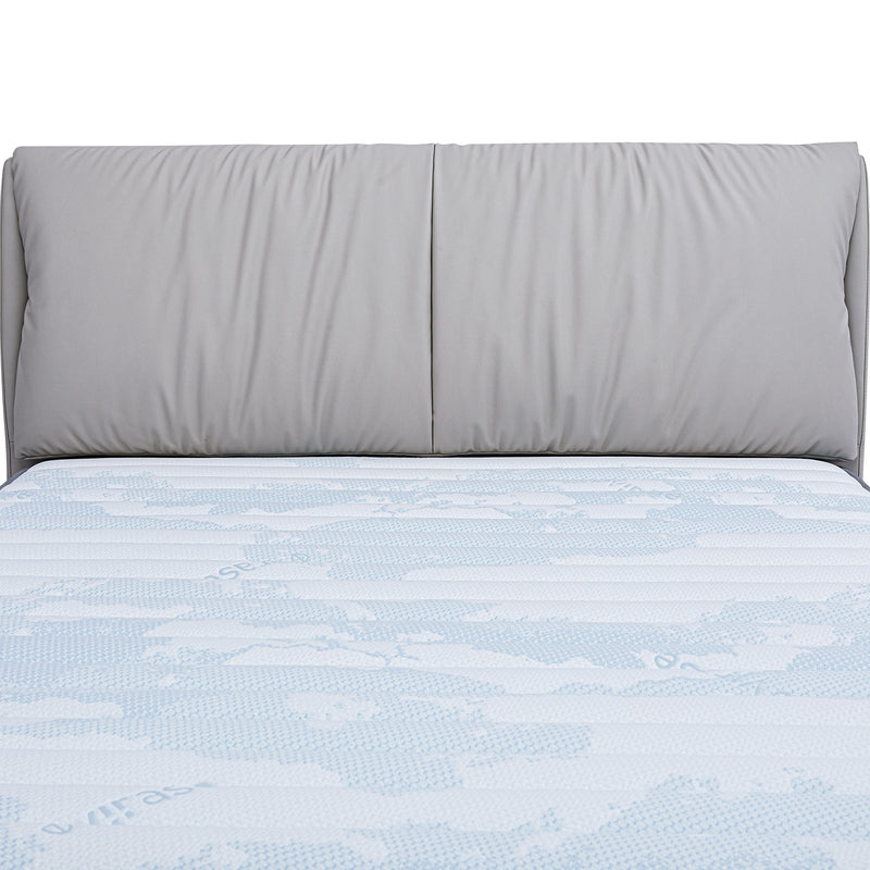 Close-up view of Bed Frame BOC1 - 012 with light grey upholstered headboard and mattress with subtle blue pattern, showcasing comfort and elegant design by DeRUCCI.