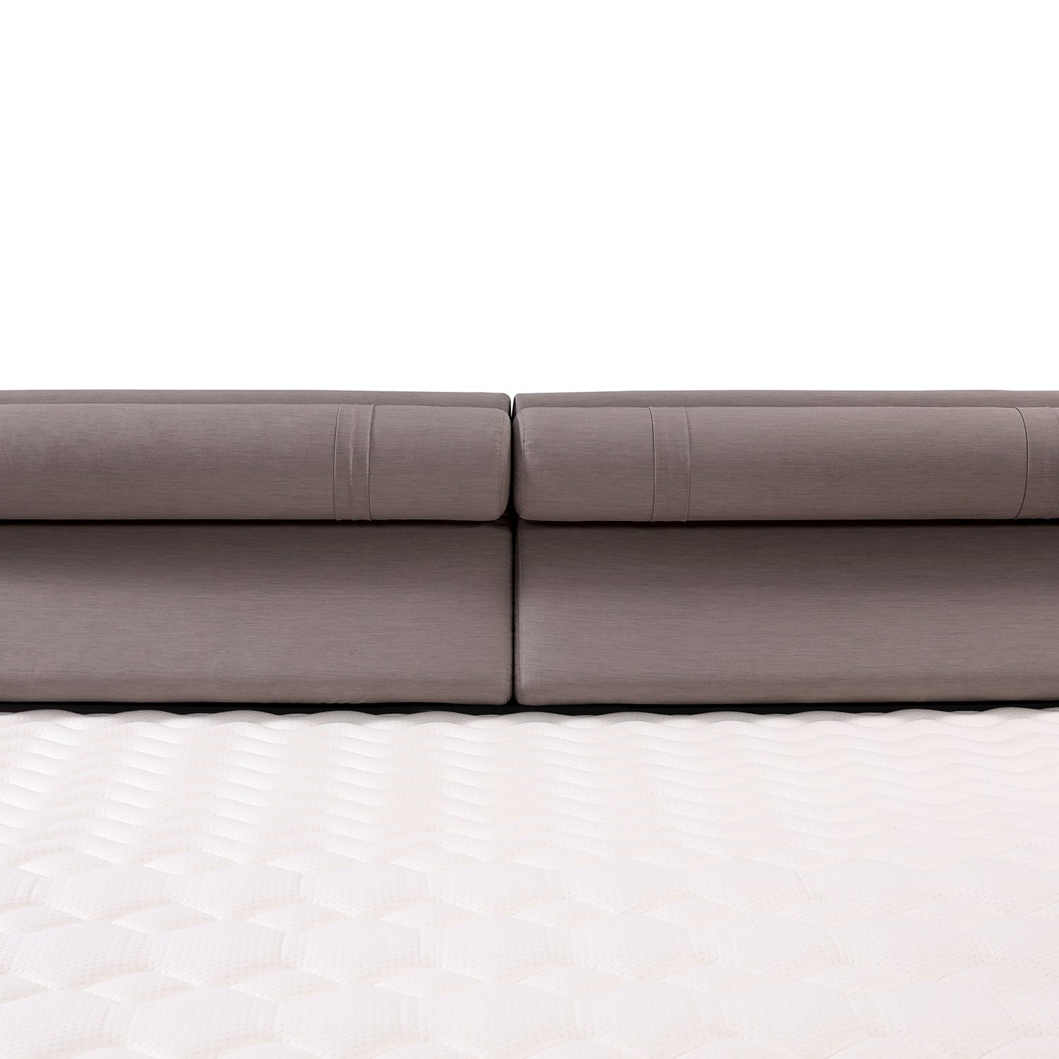 Close-up of Bed Frame BZZ4 - 093C headboard in grey fabric with minimalist stitching design.