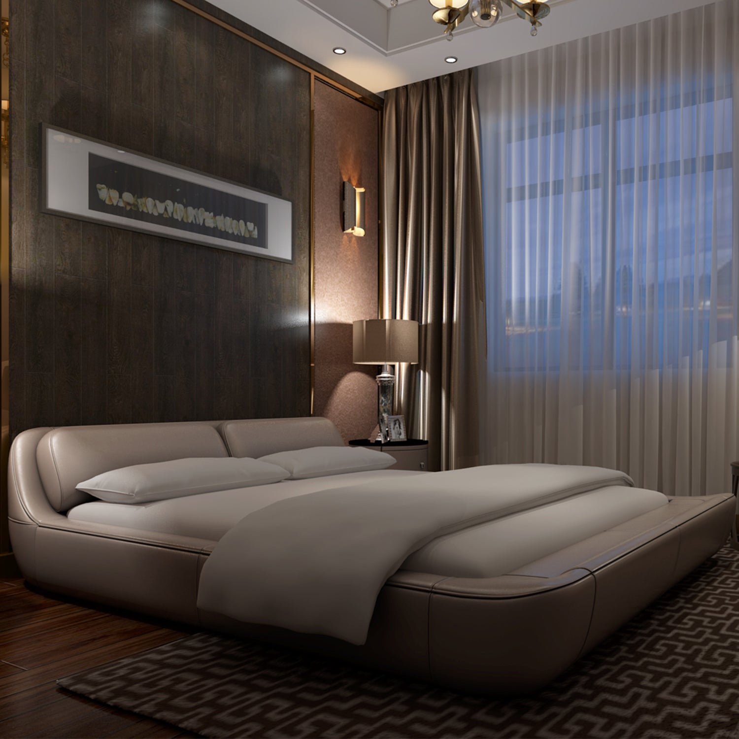 DeRUCCI Bed Frame BZZ4 - 024 in a luxurious modern bedroom with leather upholstery, nightstand with lamp, and floor-to-ceiling curtains.