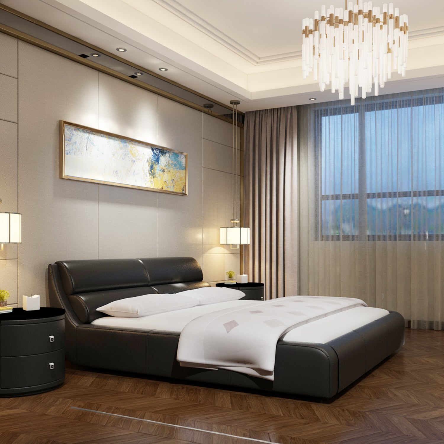 Luxurious bedroom with DeRUCCI Bed Frame BZZ4 - 038 in premium cow leather, featuring thick and plush cushions, bedside tables, modern chandelier, and abstract wall art.