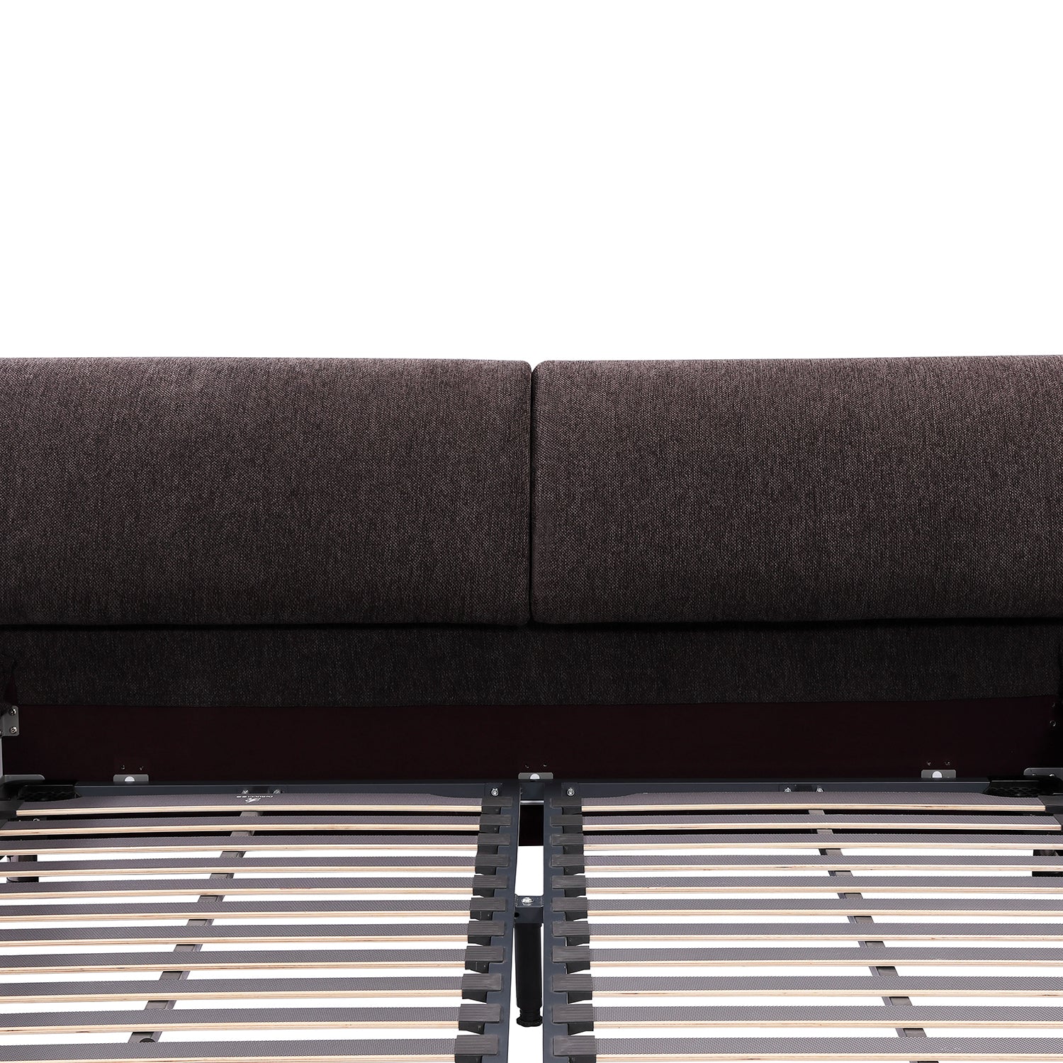 Bed Frame BZZ4 - 117 from DeRUCCI featuring a grey upholstered fabric headboard and a sturdy slatted base, offering support and a blend of western and eastern design elements.