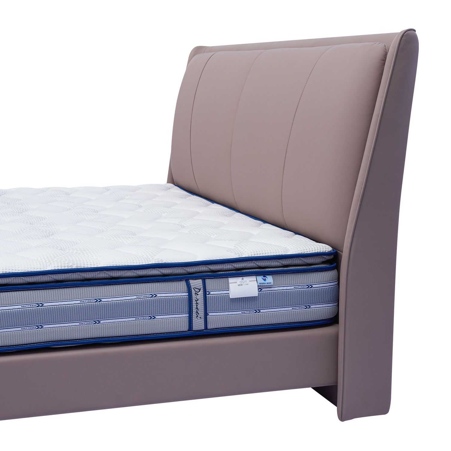 DeRUCCI Bed Frame BOC1 - 018 with beige upholstered headboard and high-quality mattress with blue and white striped pattern