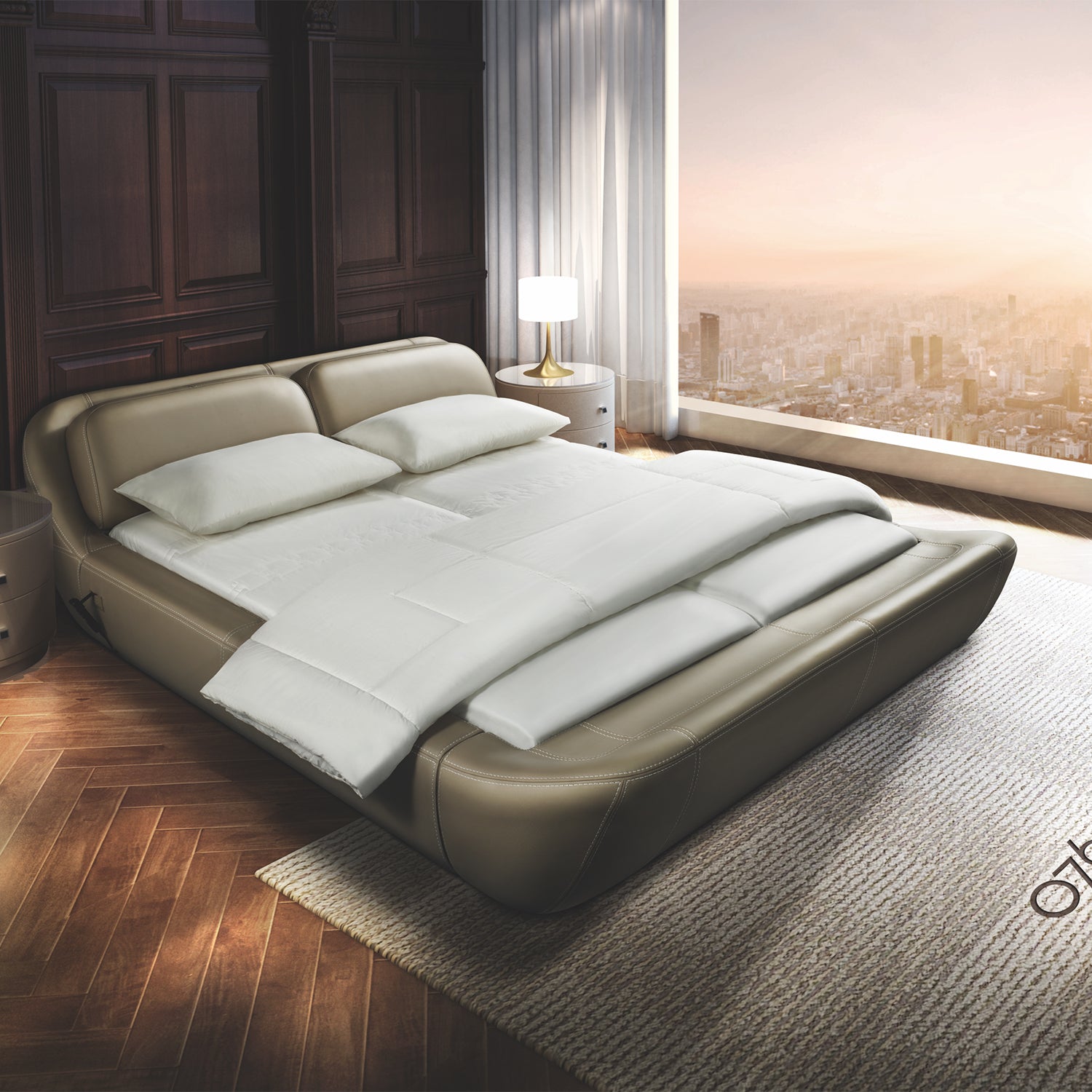 DeRUCCI Bed Frame BZZ4 - 024 with a round, modern leather design, in a stylish bedroom with cityscape view and wooden flooring.