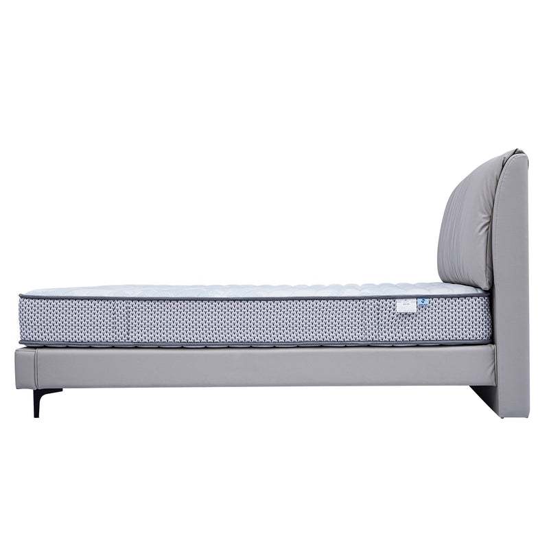 Side view of DeRUCCI Bed Frame BOC1 - 012 with grey padded headboard and a flat mattress featuring a dotted pattern fabric
