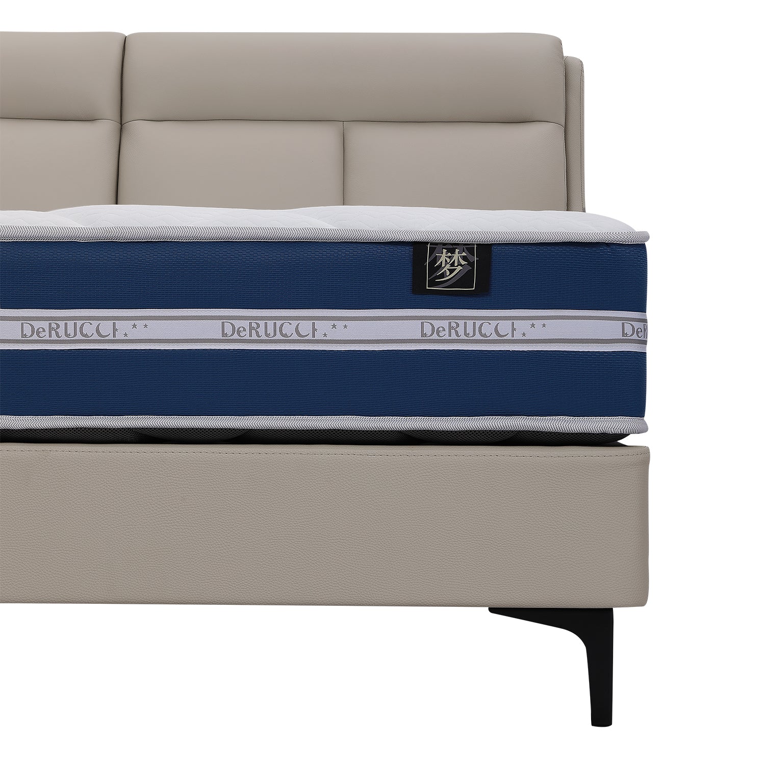 BOC1 - 002 bed frame with beige headboard and blue and white DeRUCCI mattress. Side view showcasing bed materials and mattress thickness.