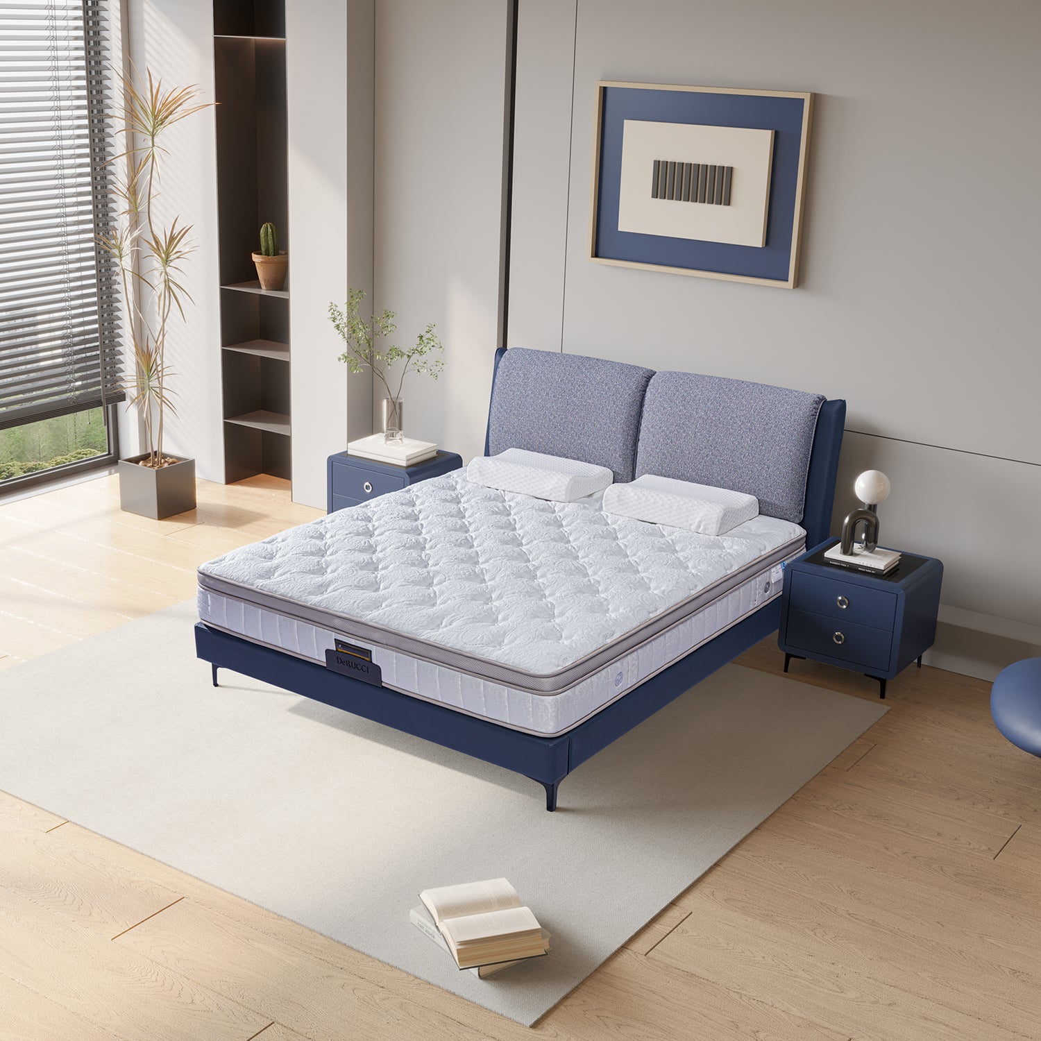 DeRUCCI Bed Frame BOC1 - 017 in blue fabric, modern bedroom setup with pillows, mattress, navy nightstands, minimalist decor, and natural light.