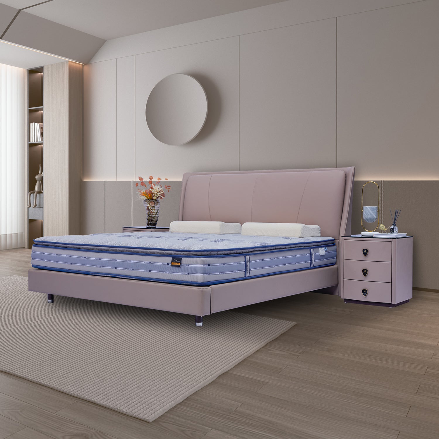 DeRUCCI Bed Frame BOC1 - 018 in light pink fabric with a blue mattress, placed in a modern bedroom setting with a matching nightstand and elegant decor.