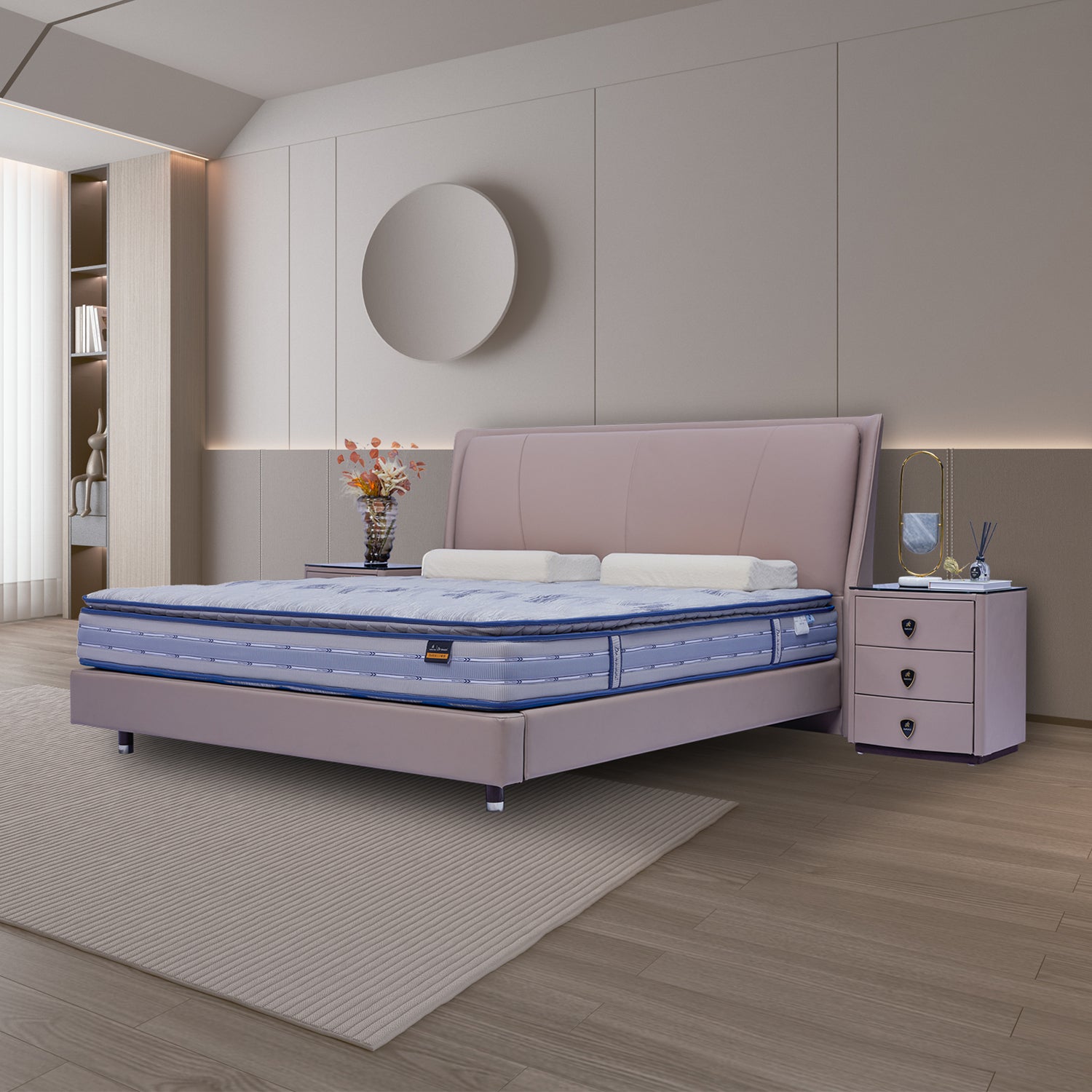DeRUCCI Bed Frame BOC1 - 018 in light pink fabric with a blue mattress, placed in a modern bedroom setting with a matching nightstand and elegant decor.