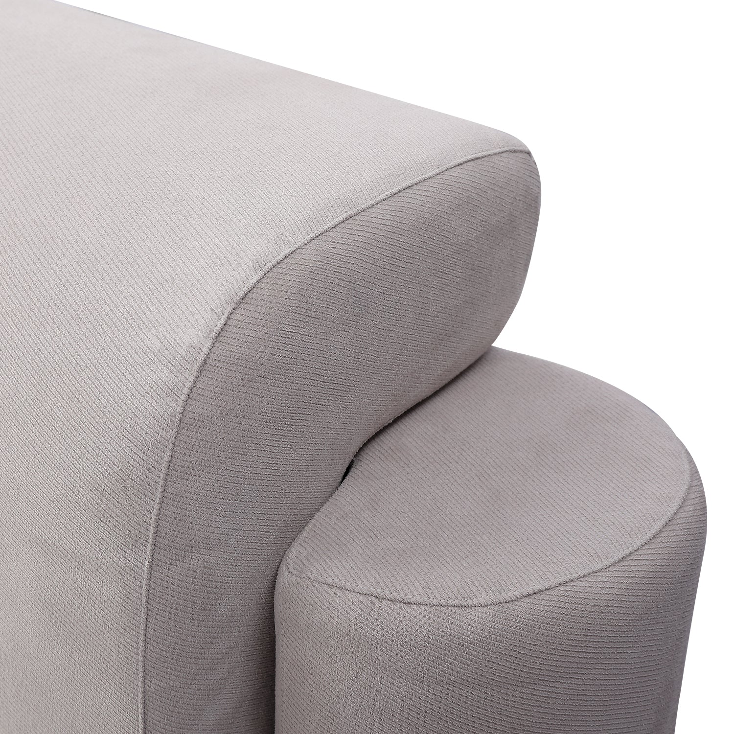 Close-up view of the corner of a modern minimalist fabric bed frame in light grey color, highlighting the sturdy and elegant design by DeRUCCI.