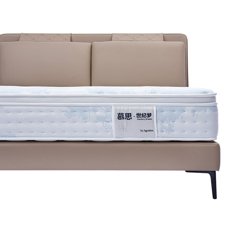 Beige upholstered bed frame with a white mattress featuring Chinese branding and 'Agostino' logo, showcasing a modern headboard design.
