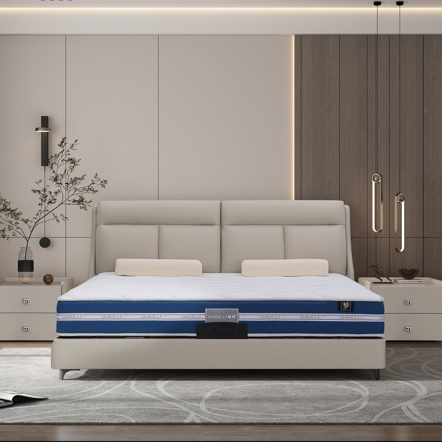 Bed Frame BOC1 - 002 upholstered in top layer leather and PVC, featuring a double-layered mattress with a blue 'Dreamaker Excellence' cover in a modern bedroom setup with wooden paneling and decorative elements.