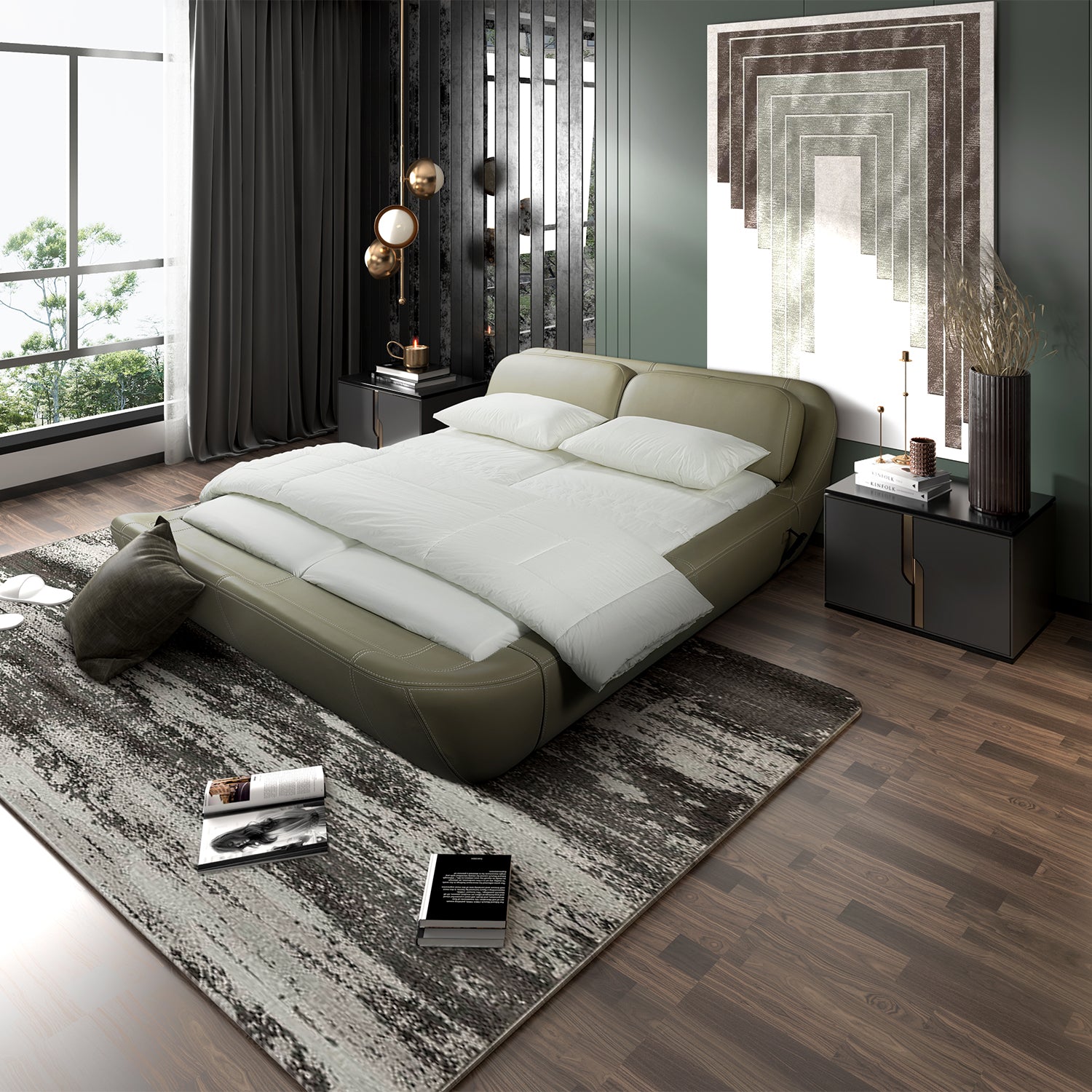 Modern bedroom featuring DeRUCCI Bed Frame BZZ4-024 with round design inspired by ancient Chinese treasures, complemented by contemporary furniture, abstract wall art, and large windows.