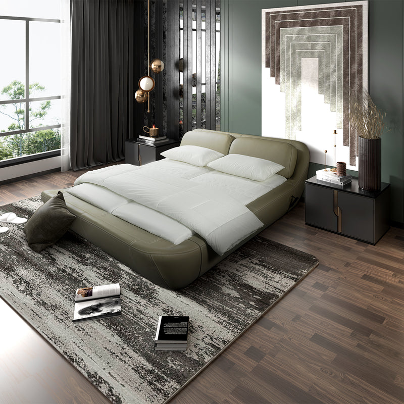 Modern bedroom featuring DeRUCCI Bed Frame BZZ4-024 with round design inspired by ancient Chinese treasures, complemented by contemporary furniture, abstract wall art, and large windows.
