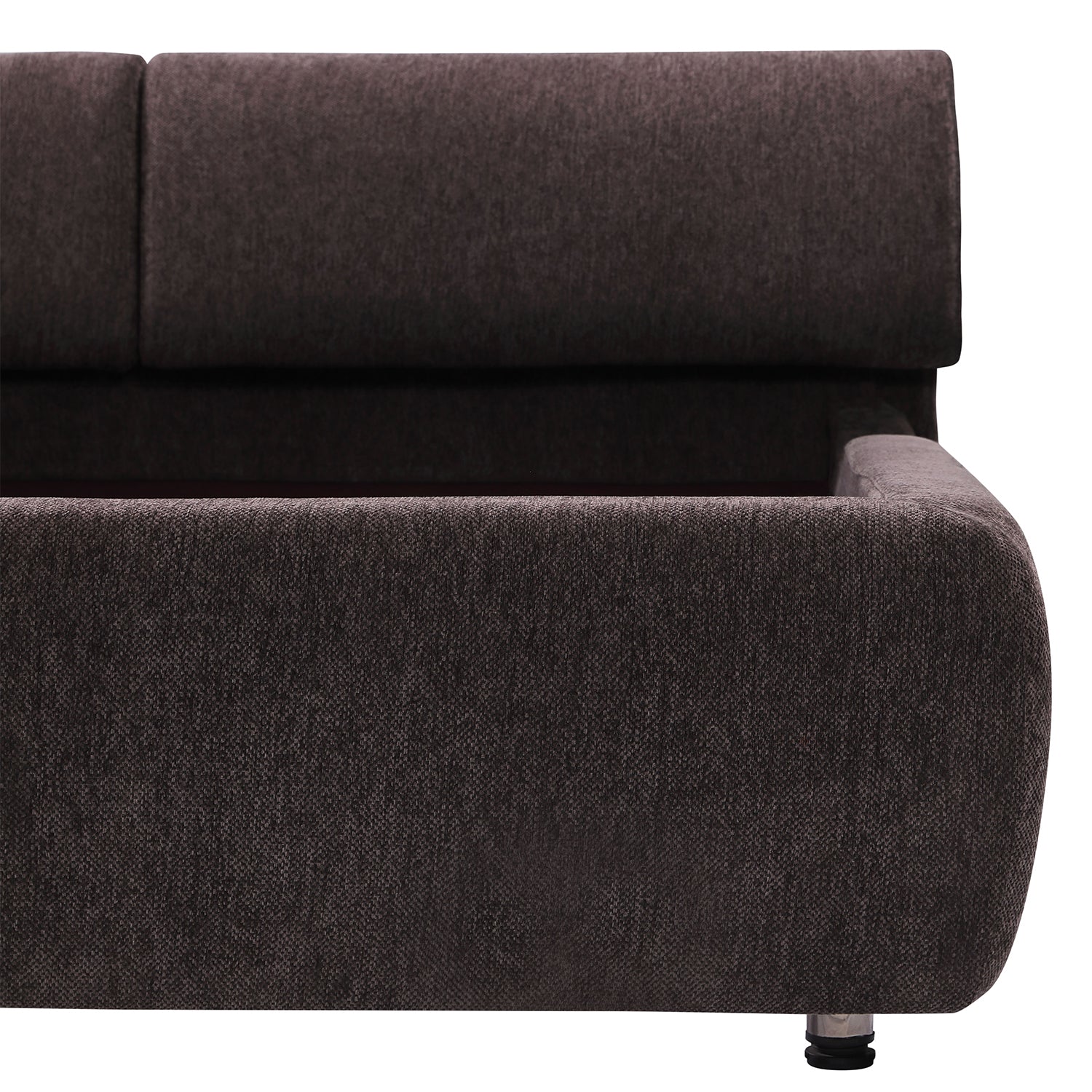 Dark brown fabric bed frame close-up showcasing cushioned headboard and armrest, offering soft support for back and shoulder.