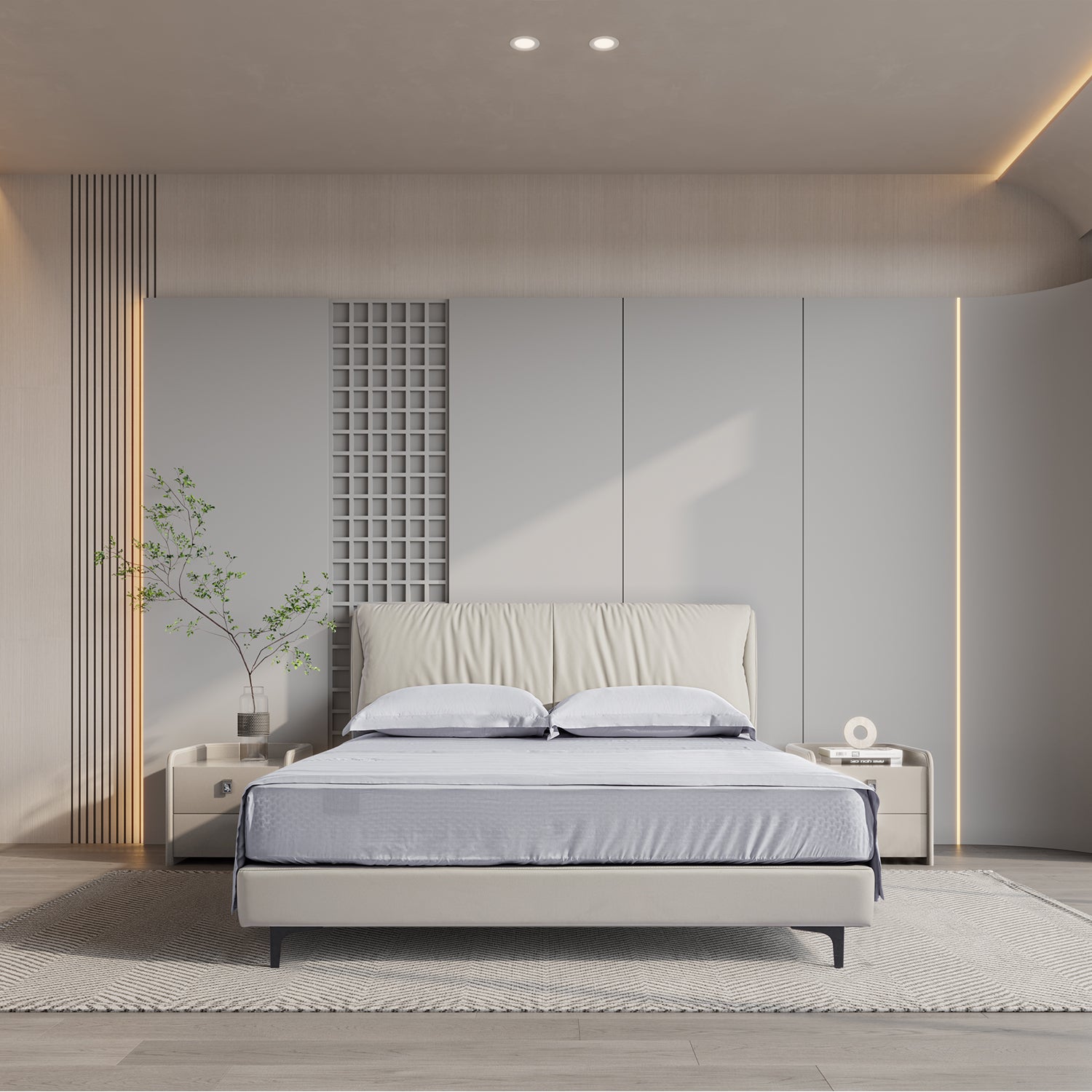 DeRUCCI Bed Frame BOC1-012 in modern bedroom with white leather, padded headboard, geometric accent wall, minimalist decor, and bedside table with green foliage