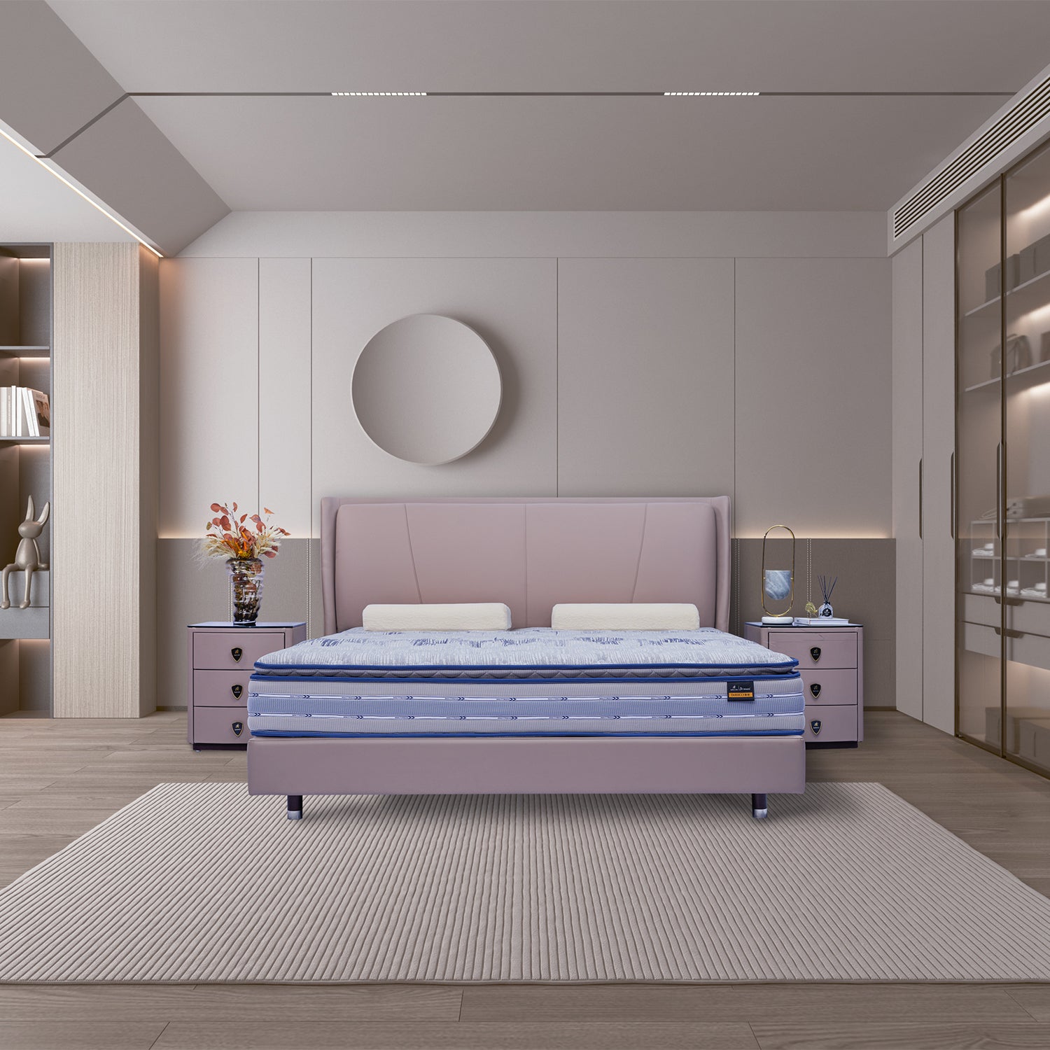 DeRUCCI Bed Frame BOC1 - 018 in a modern bedroom setup with matching nightstands, soft pink upholstered frame, and stylish decor, promoting luxury and comfort.
