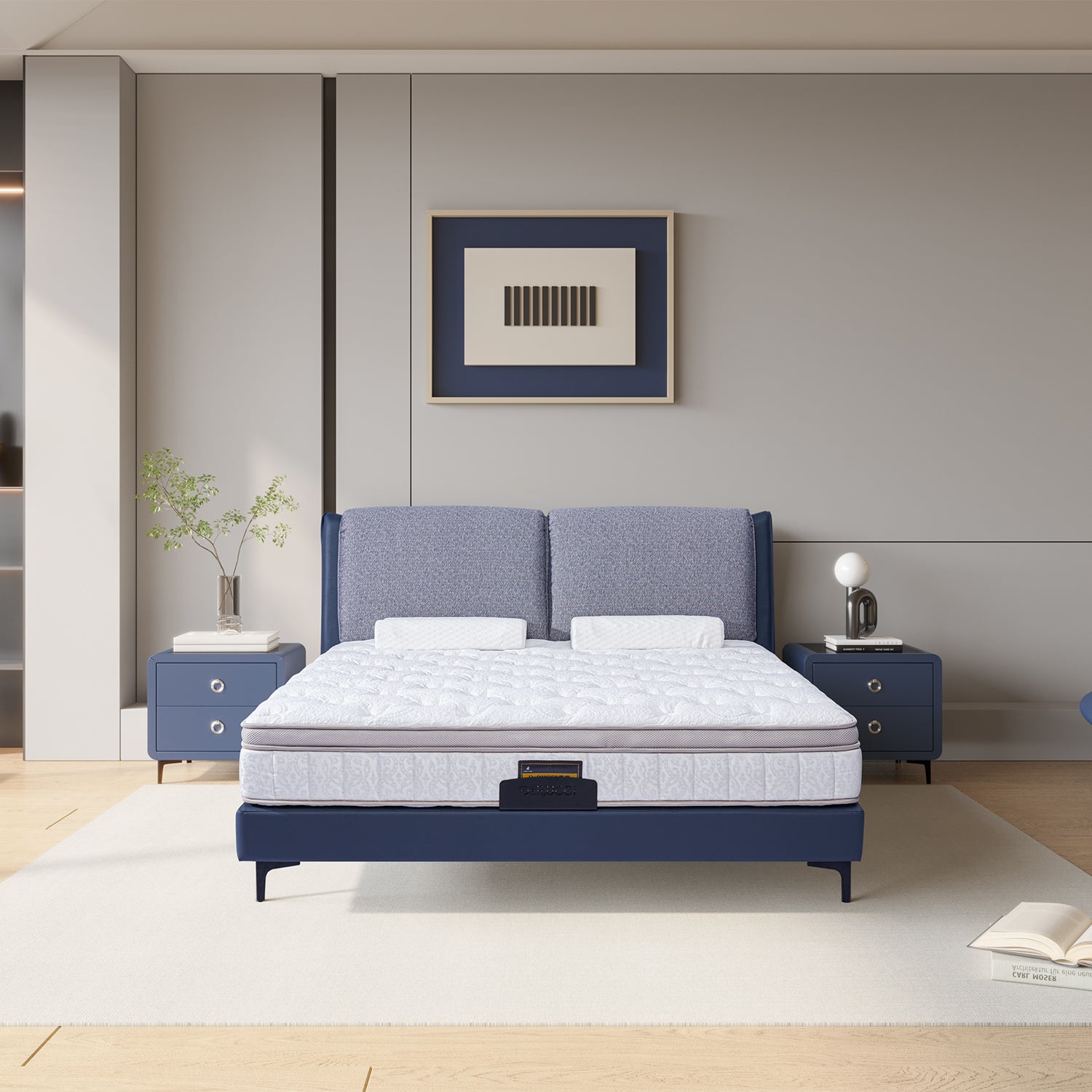 DeRUCCI Bed Frame BOC1 - 017 in a modern bedroom setup with blue fabric upholstery and a comfortable mattress, flanked by nightstands with lamps and decor.