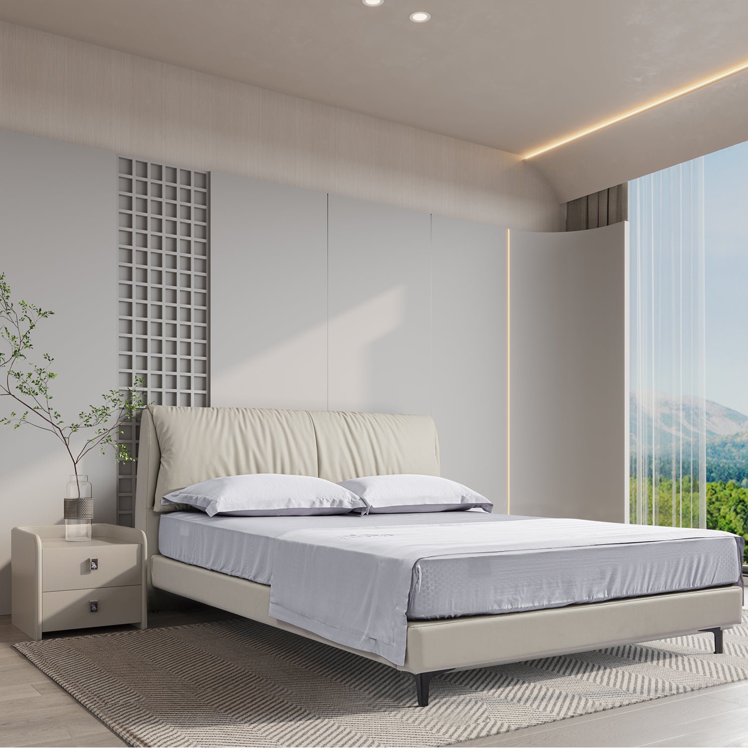 DeRUCCI Bed Frame BOC1 - 012 in a modern bedroom with cream-colored leather frame, white bedding, and a nightstand with a potted plant. Minimalist design with a large window offering a scenic view.
