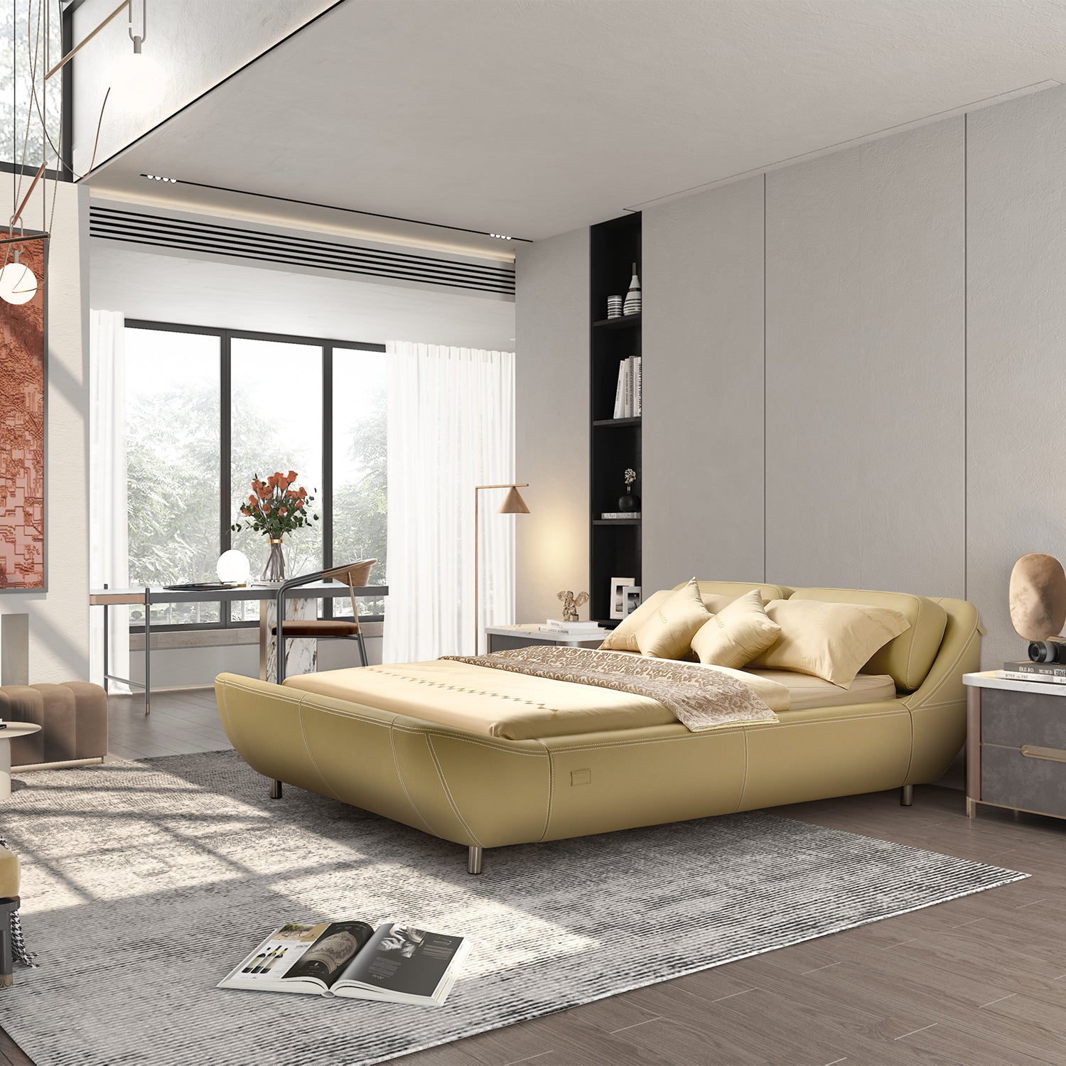 Modern bedroom with natural light featuring the DeRUCCI Bed Frame BZZ4 - 024 in beige leather, cushioned headrests, gray area rug, and a desk with flowers.