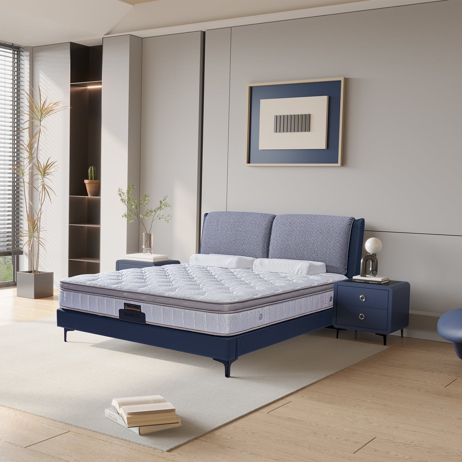 DeRUCCI BOC1-017 bed frame with blue fabric headboard and white mattress in a modern bedroom with blue nightstands and large windows.