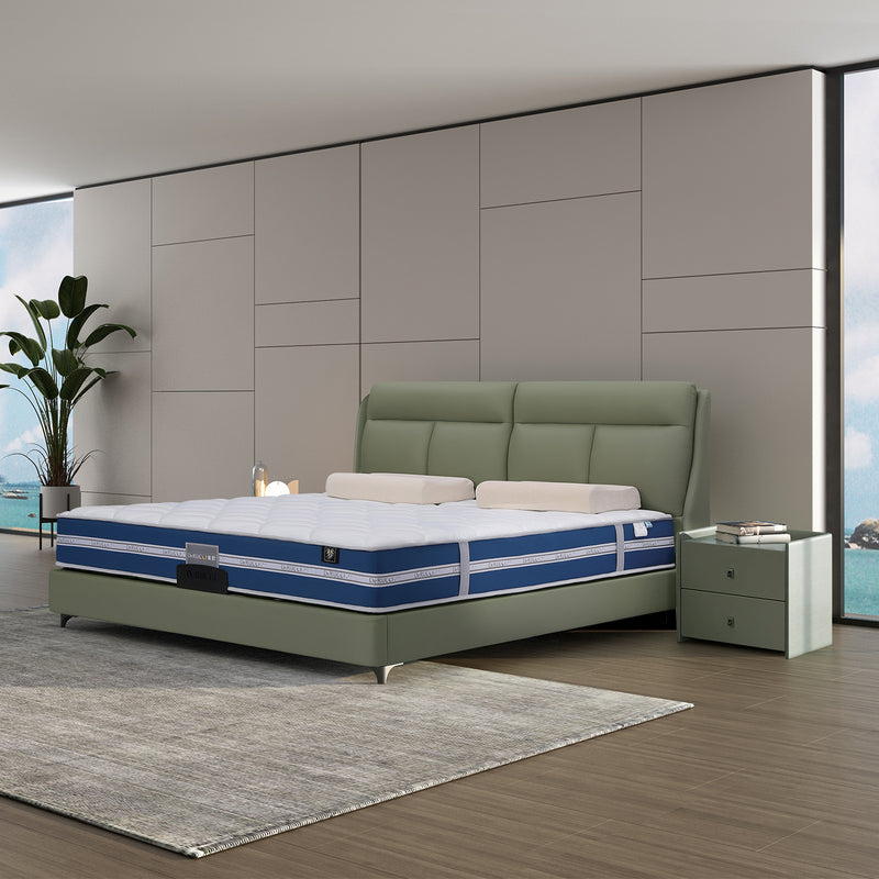 DeRUCCI Bed Frame BOC1-002 with top layer leather and PVC, featuring a padded headboard, blue and white mattress, and matching bedside tables in a modern bedroom.