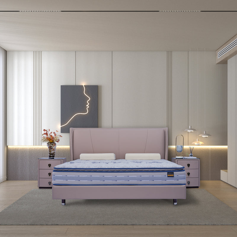 DeRUCCI BOC1-018 bed frame in a modern bedroom setting with matching nightstands, minimalist headboard, and profile outline wall art created with neon lighting.