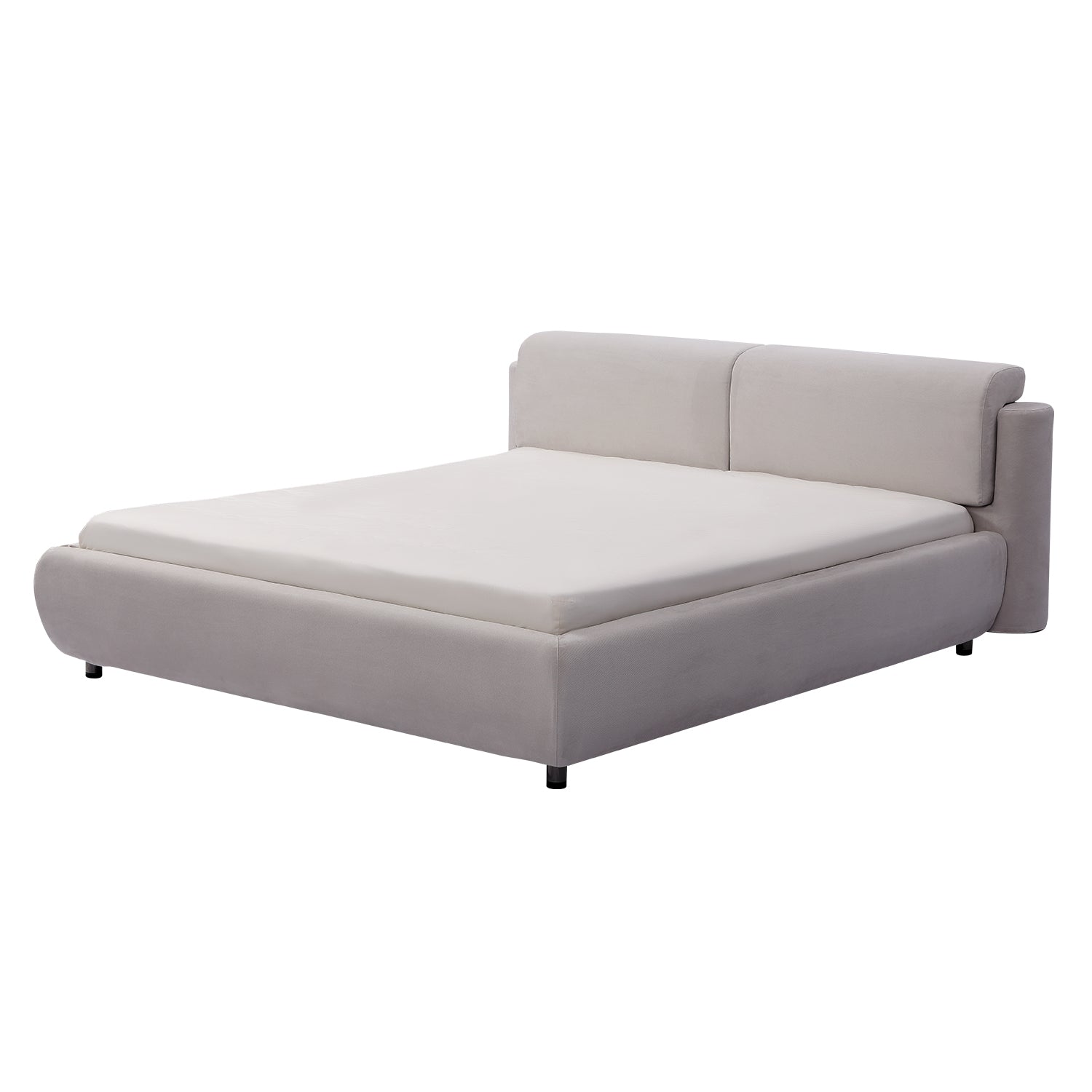 DeRUCCI Bed Frame BZZ4 - 082, modern minimalist design, light-colored fabric upholstery, low-profile with straight lines and angles, sturdy black legs