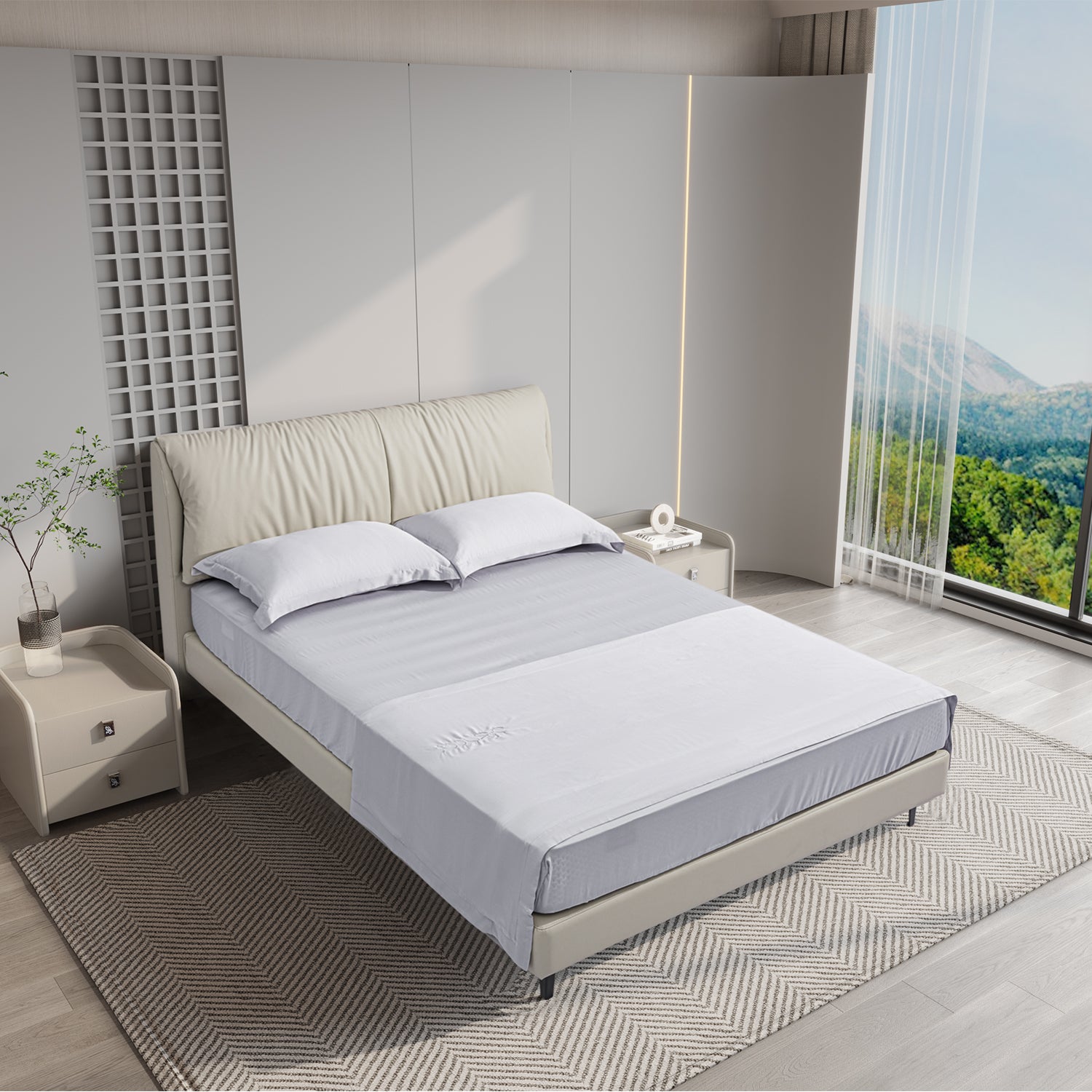 Modern bedroom featuring DeRUCCI Bed Frame BOC1 - 012 with white leather, minimalist decor, and scenic window view.