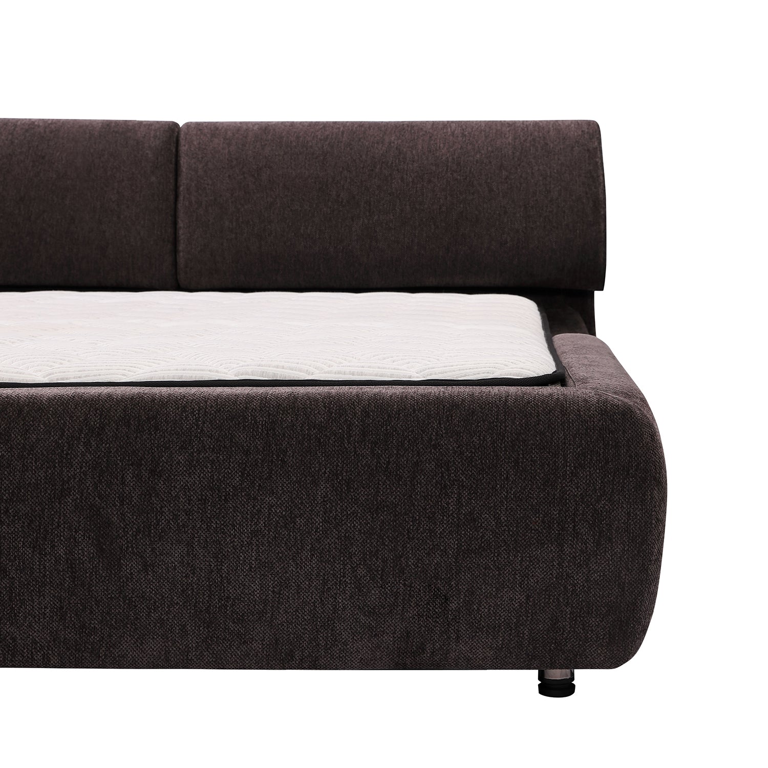 DeRUCCI Bed Frame BZZ4 - 117 with dark fabric, showcasing thick, soft cushion for back and shoulder support