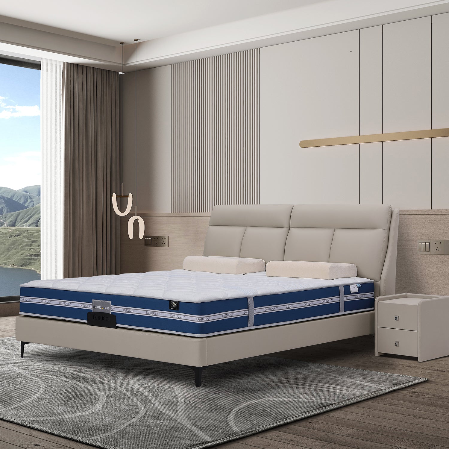 DeRUCCI Bed Frame BOC1 - 002 in top layer leather and PVC with a padded headboard and a blue and white double-layered mattress in a stylish modern bedroom setup with matching white nightstands and scenic window view.