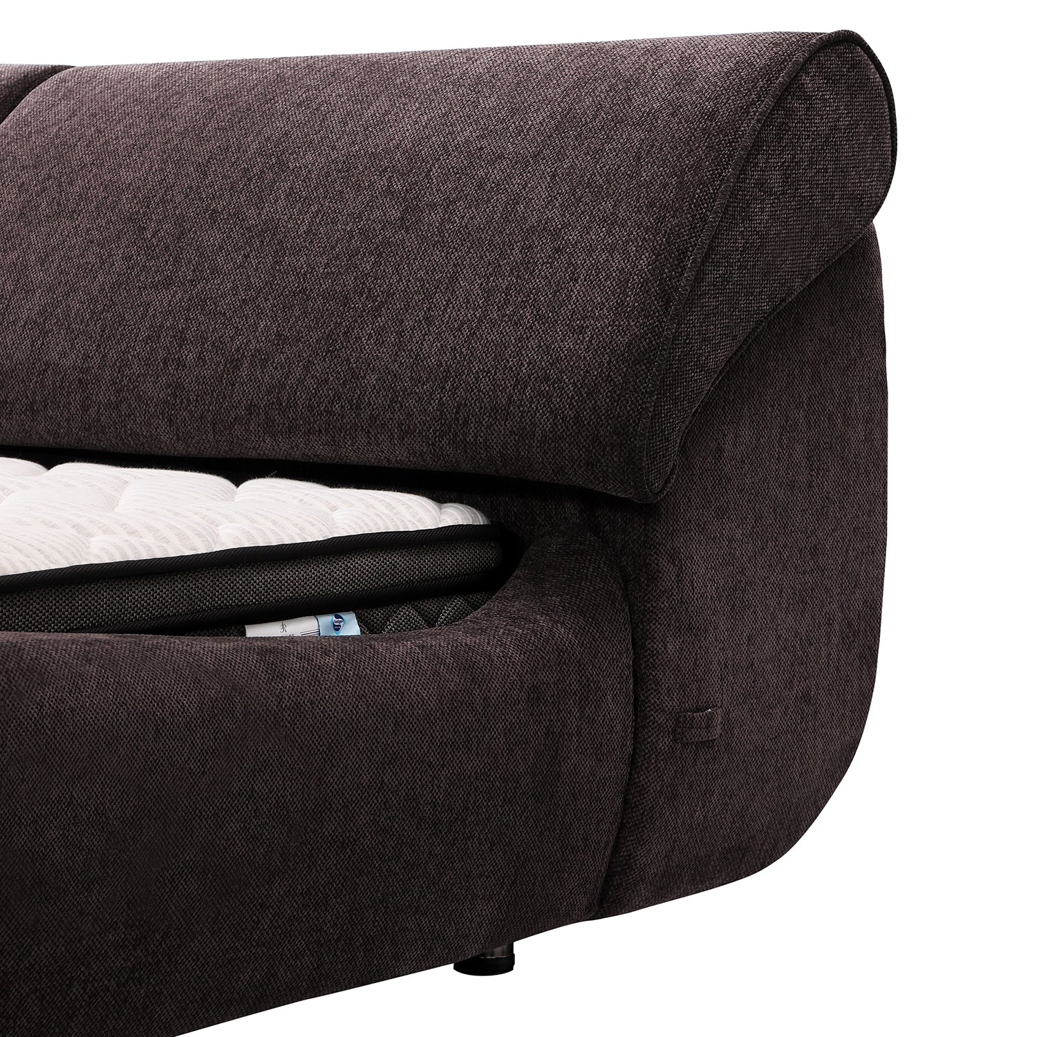 DeRUCCI Bed Frame BZZ4 - 117 with dark fabric, showcasing thick, soft cushion for back and shoulder support