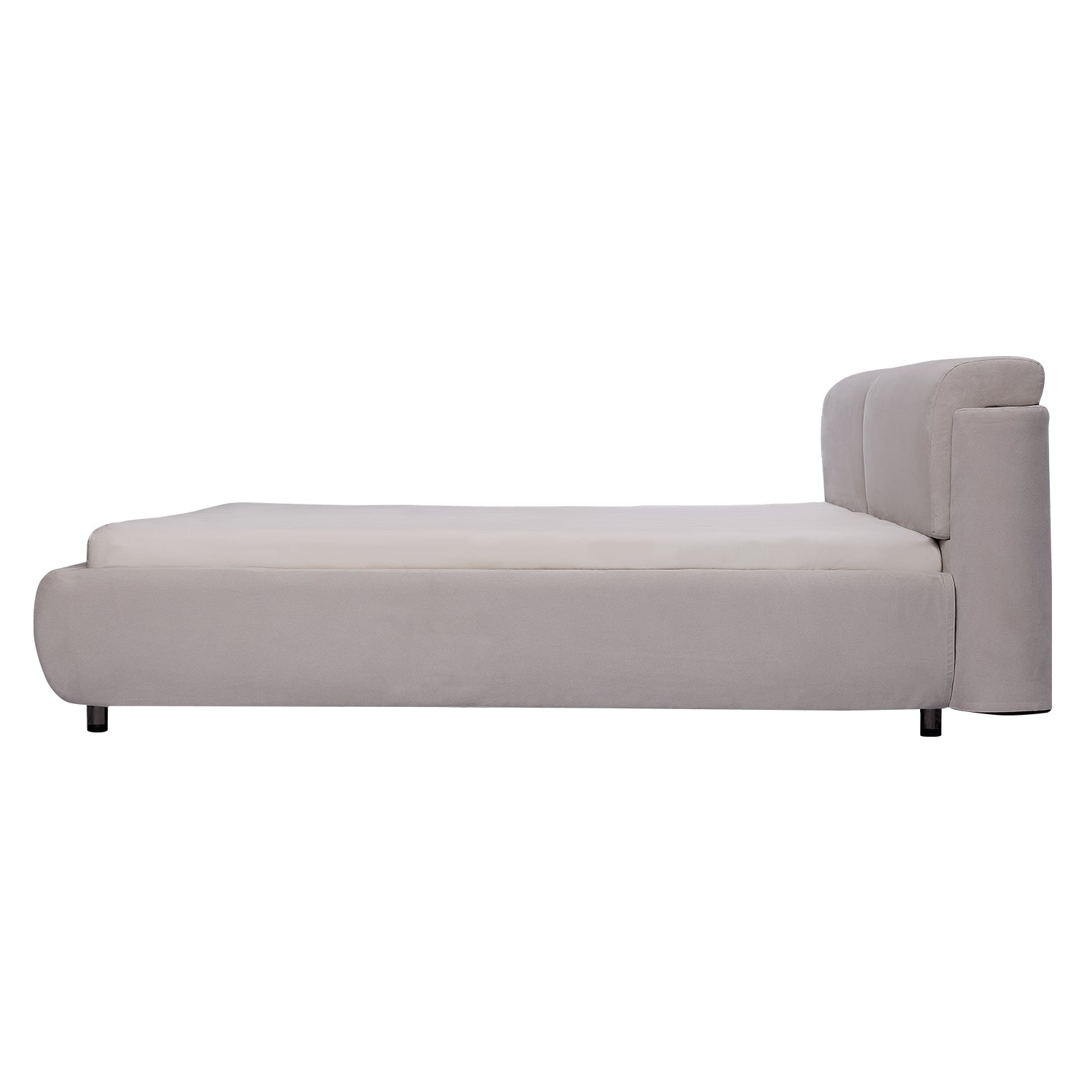 Side view of DeRUCCI Bed Frame BZZ4 - 082 with a modern minimalist design, upholstered fabric, and low-profile structure.